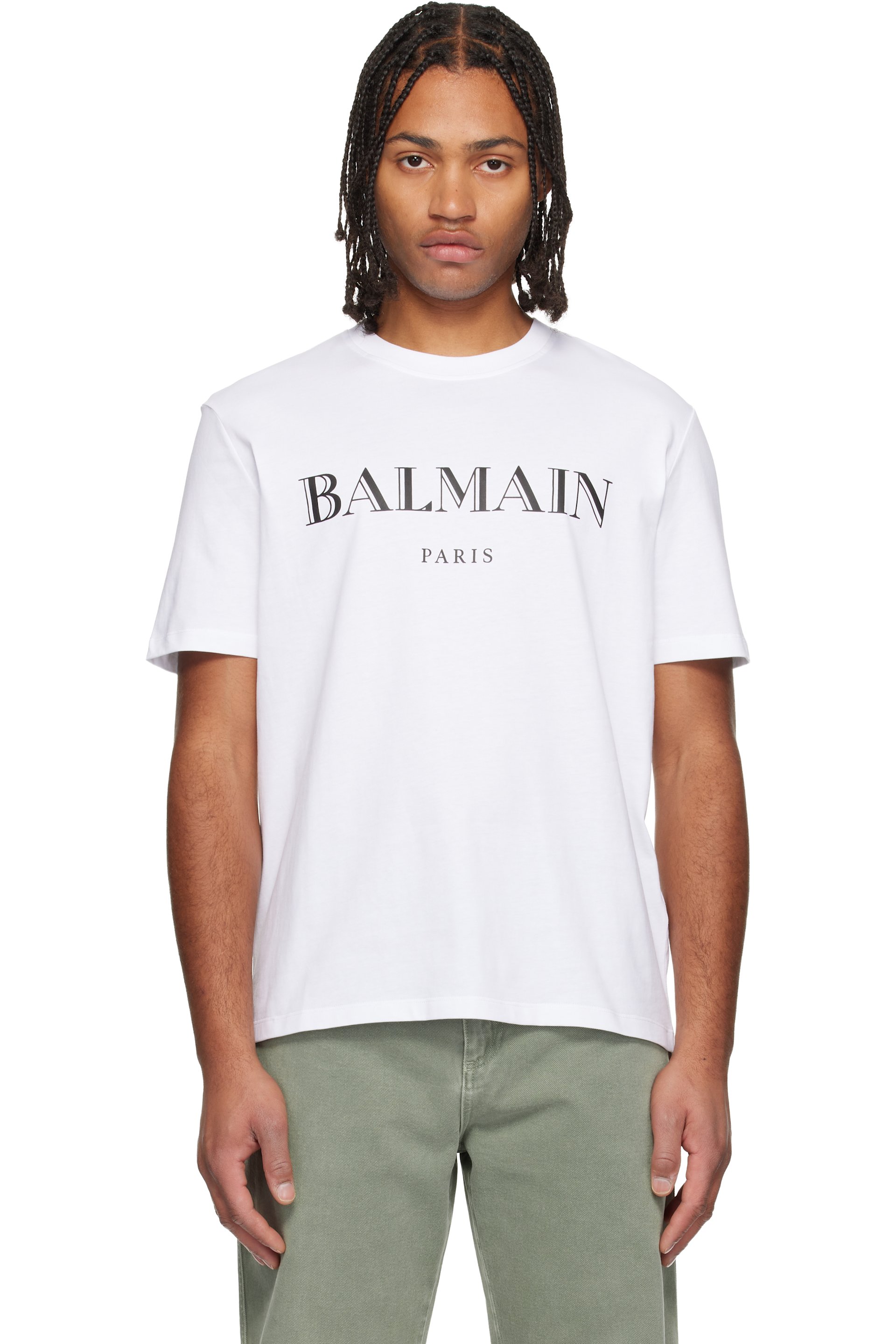 BALMAIN: White 'Balmain' Print T-shirt | SSENSE