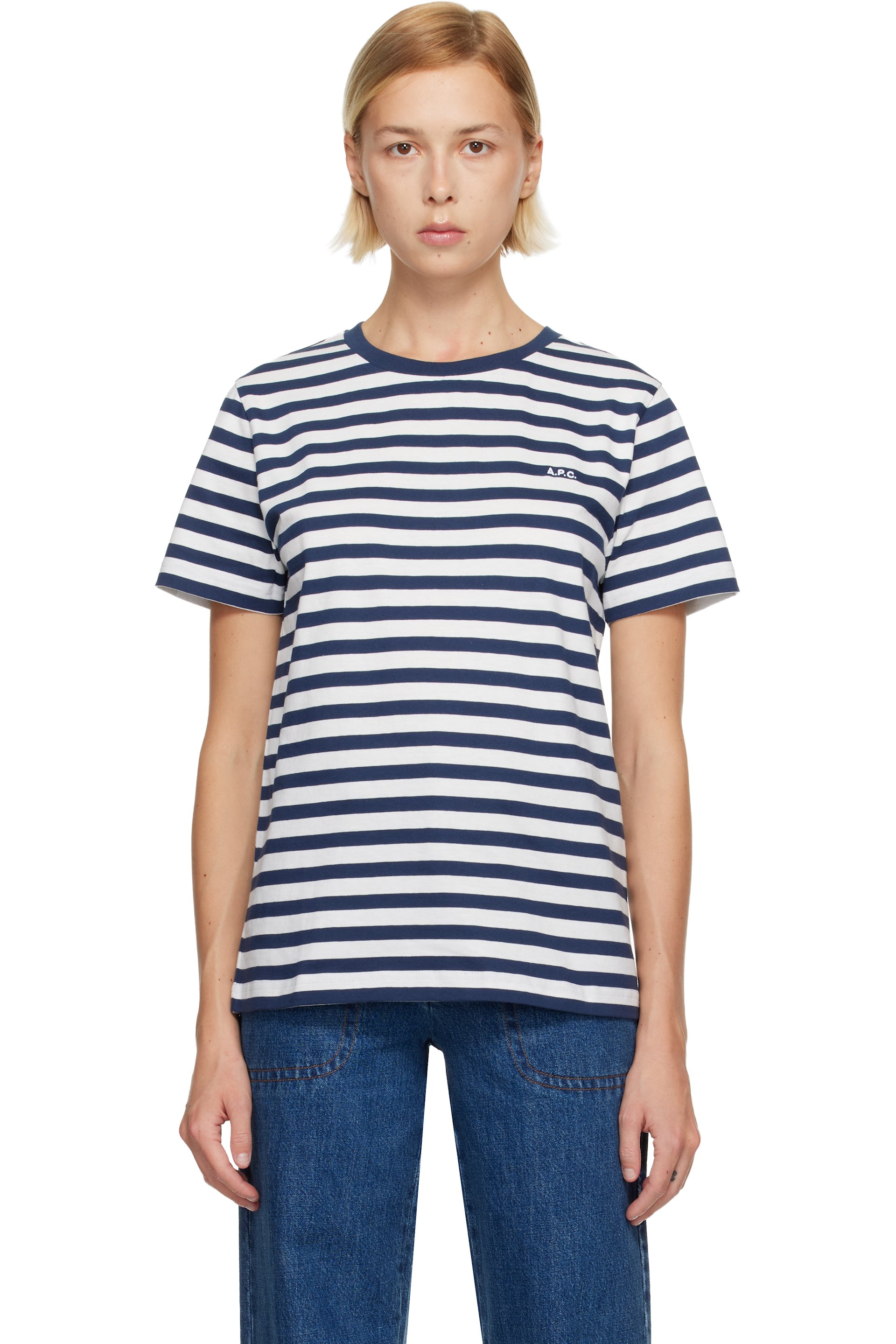 A.P.C. - T-shirt blanc et bleu marine à logo brodé