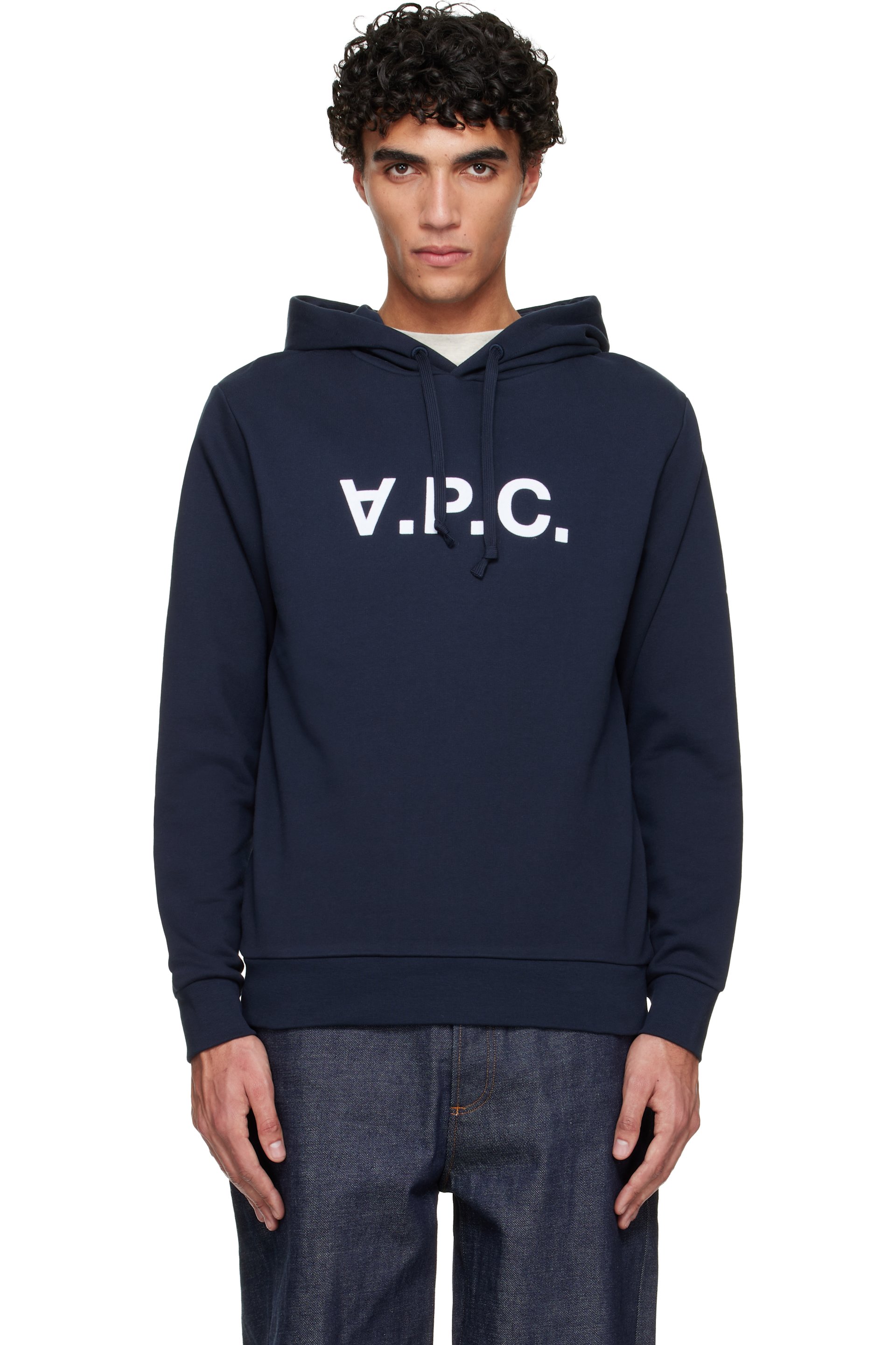 A.P.C. - Pull à capuche bleu marine à grand logo V.P.C.