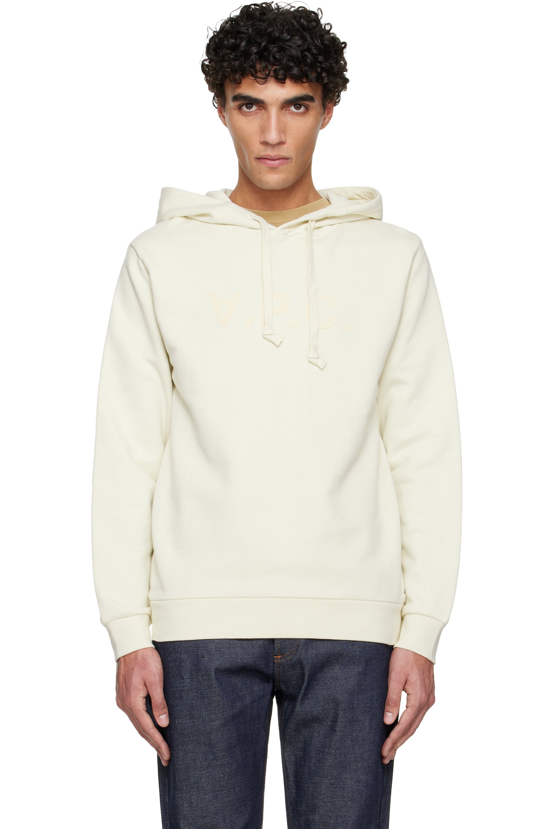 A.P.C. - Pull à capuche blanc cassé à grand logo V.P.C.