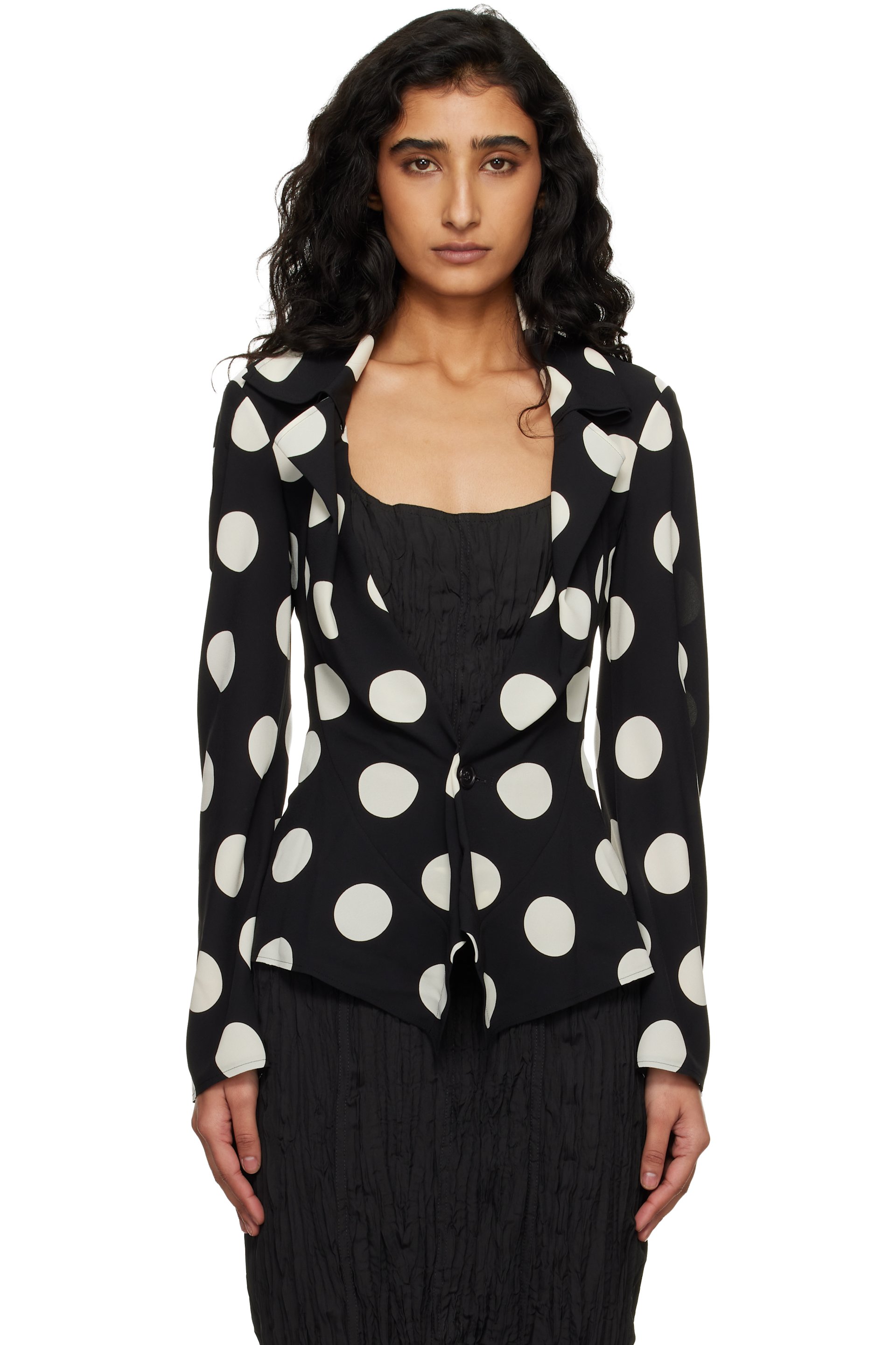 Junya Watanabe - Veston noir et blanc cassé en georgette à motif à pois imprimé