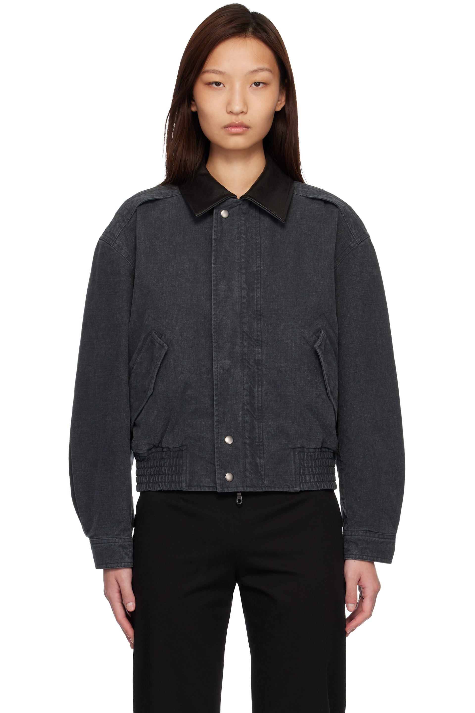 COOR - Blouson aviateur lavé en pièce bleu marine à col en cuir
