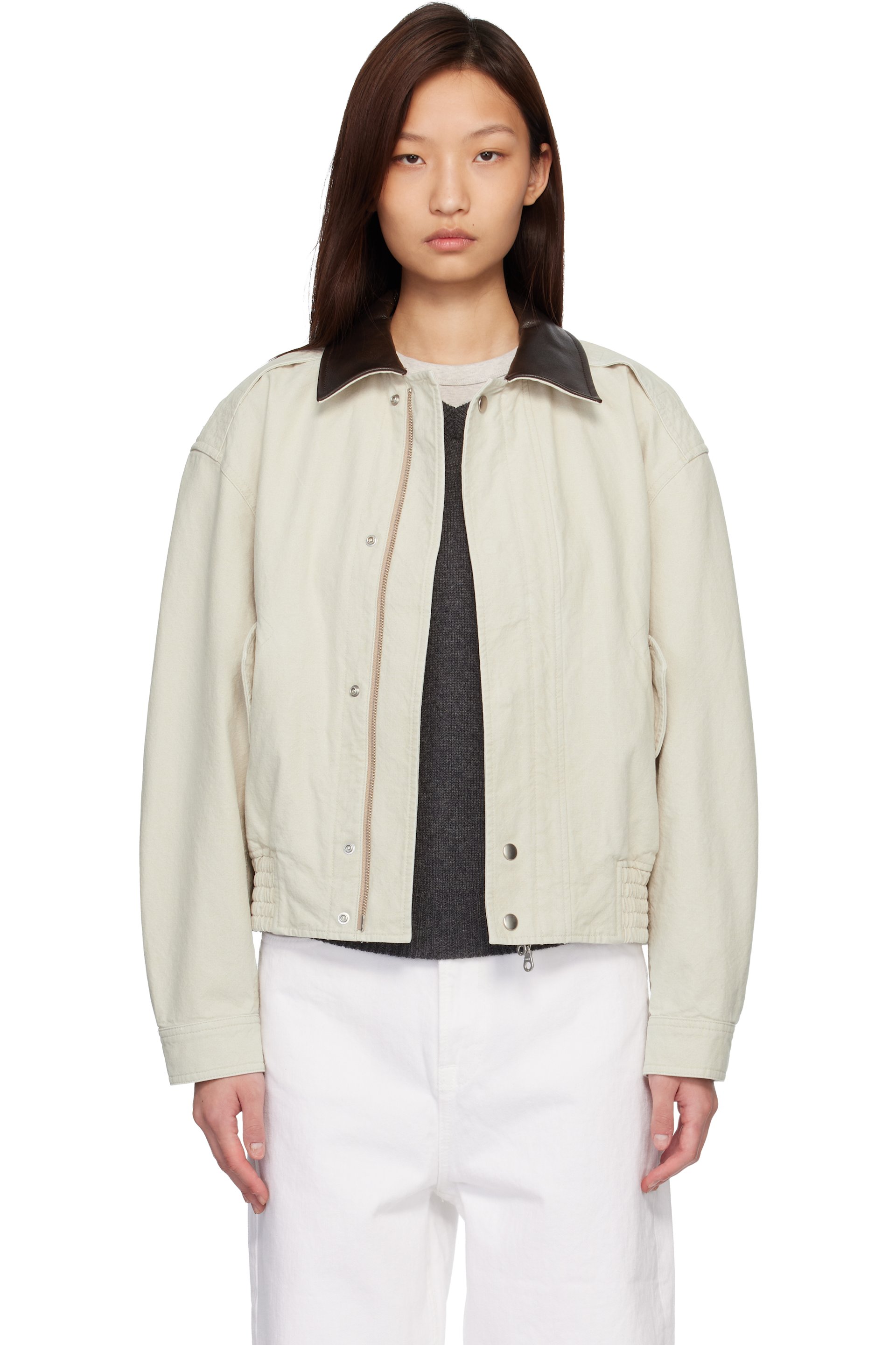 COOR - Blouson aviateur lavé en pièce beige à col en cuir