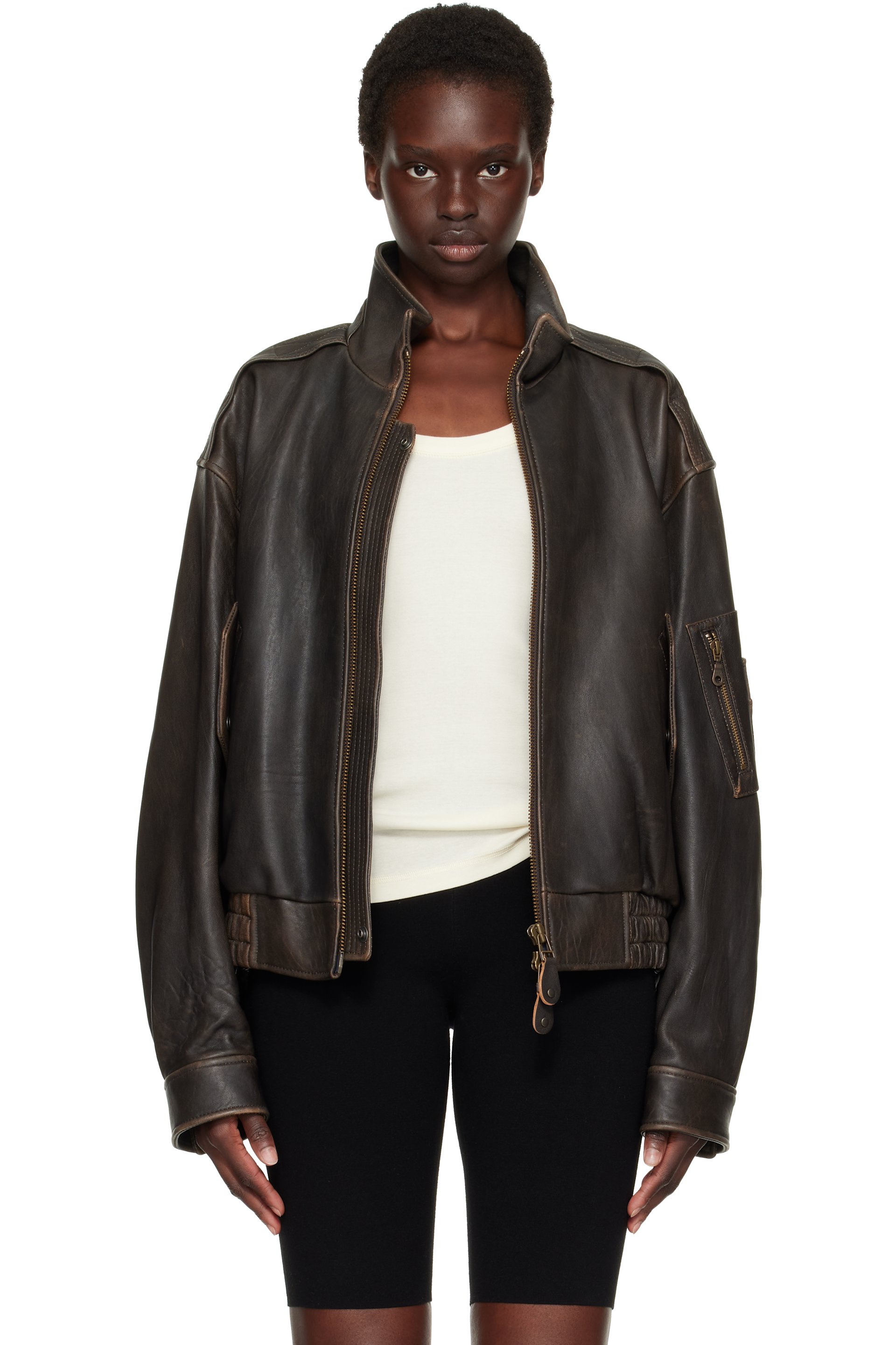 COOR - Brown Vintage Shelter Neck Collar Leather Jacket