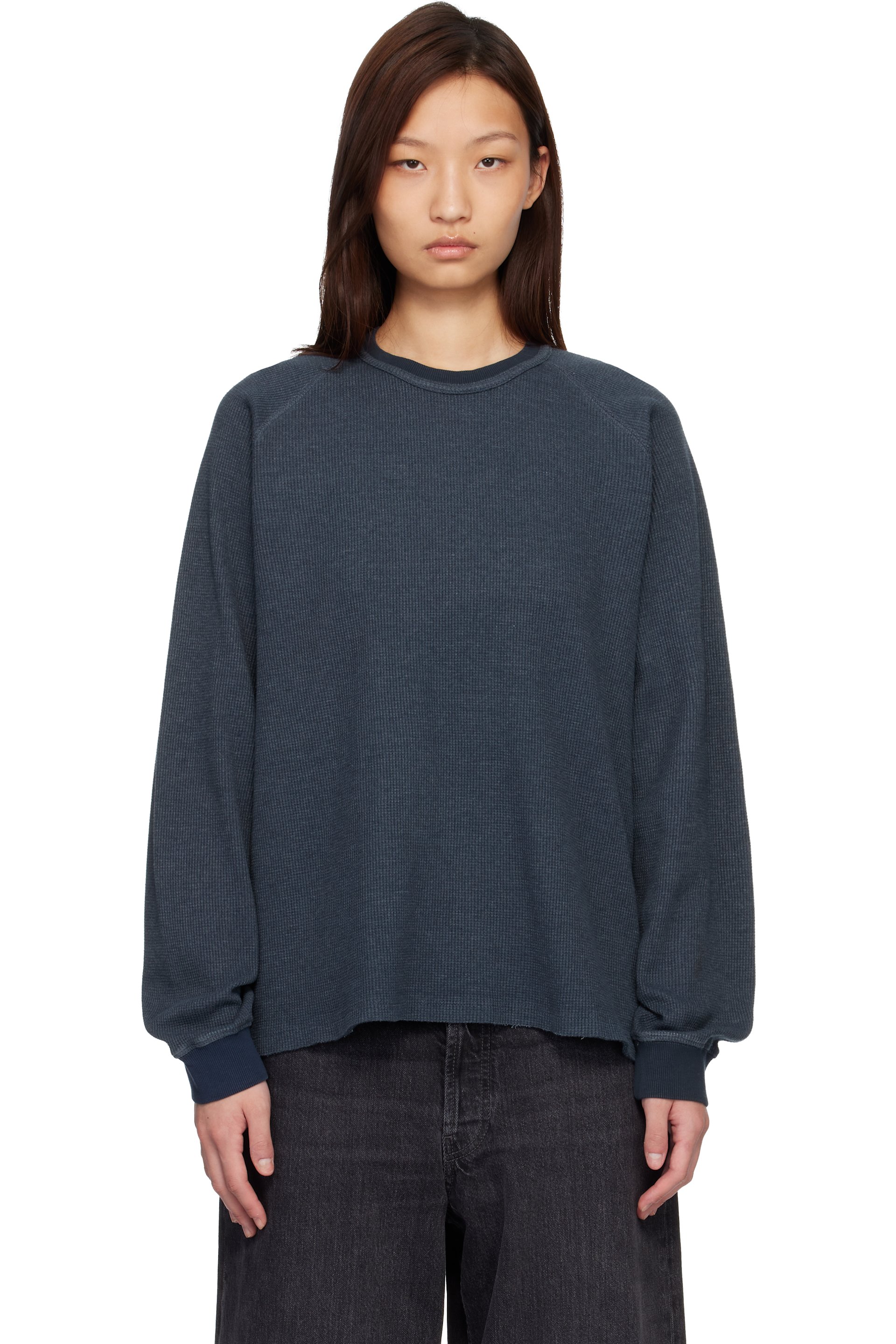 COOR - T-shirt à manches raglan longues bleu en tricot gaufré