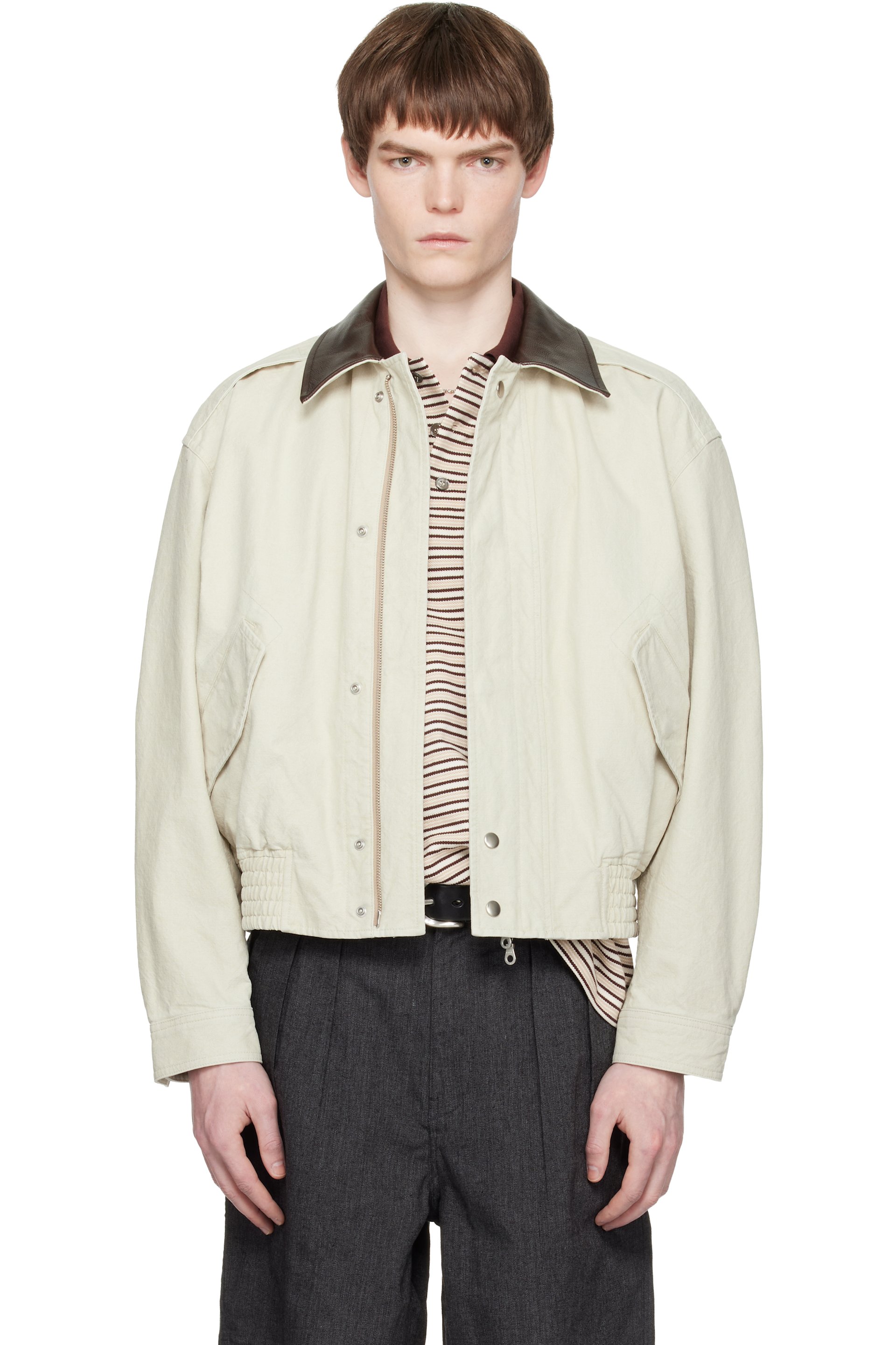 COOR - Off-White Leather Collar Washed Cationized Bomber Jacket