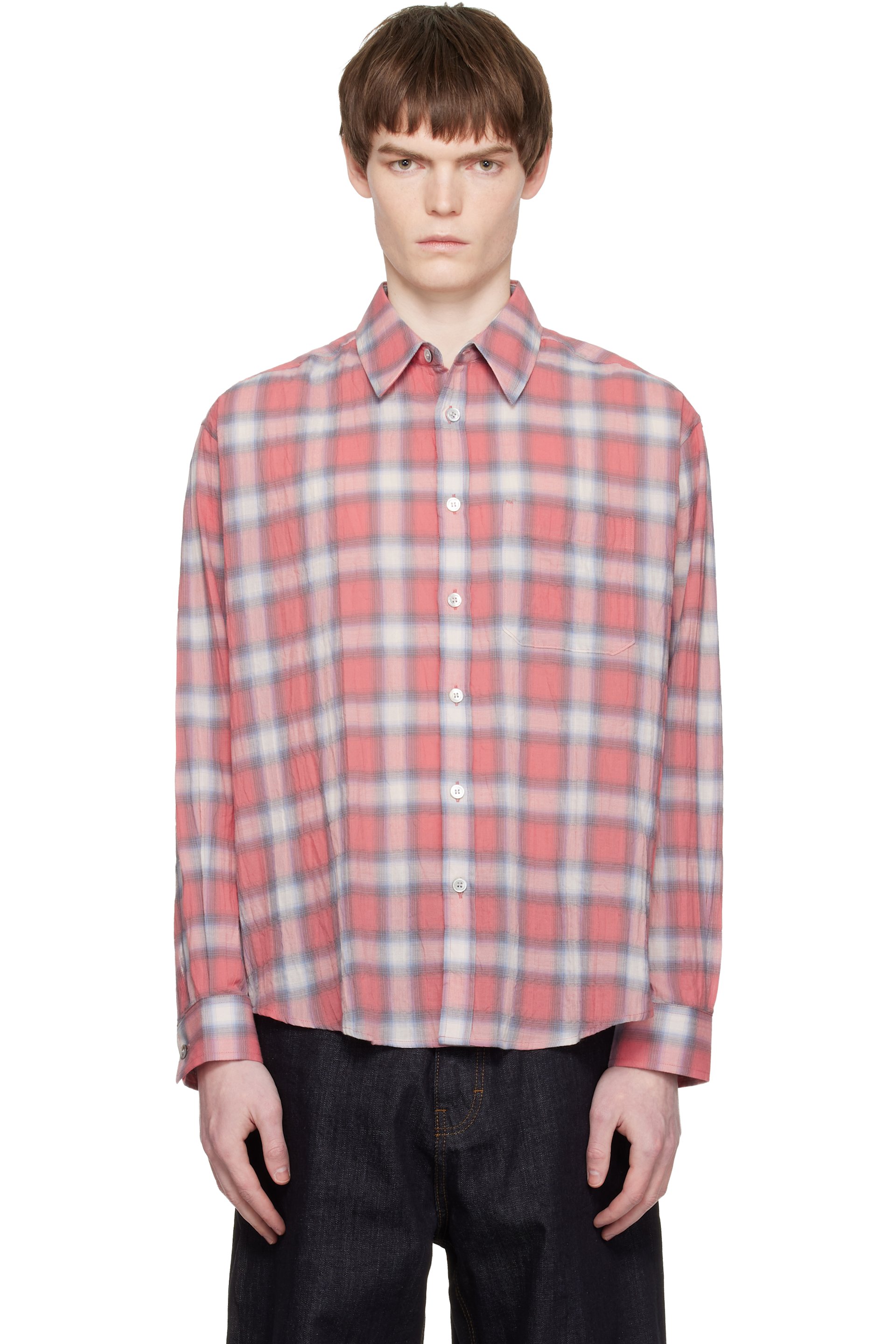 Red Seersucker Ombre Checkered Shirt by COOR on Sale