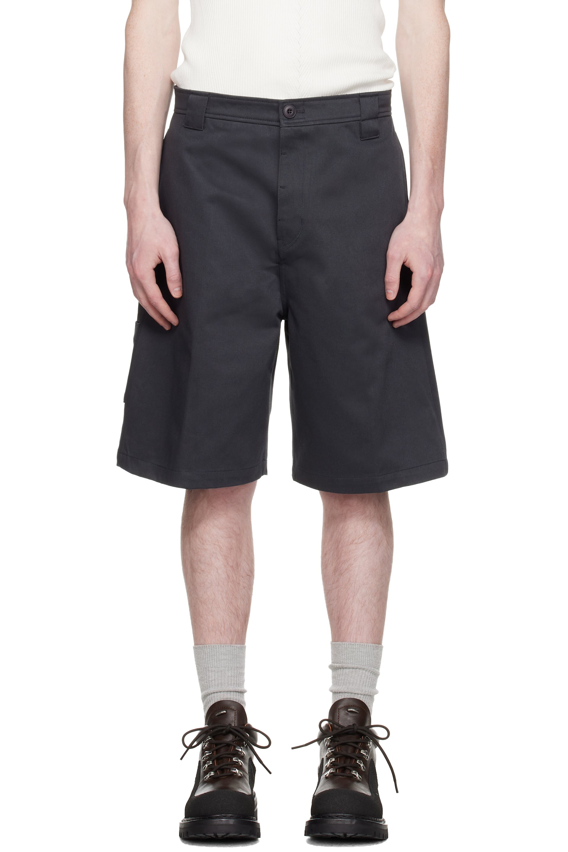 COOR - Navy Cotton Blend Stitch Pointed Bermuda Shorts