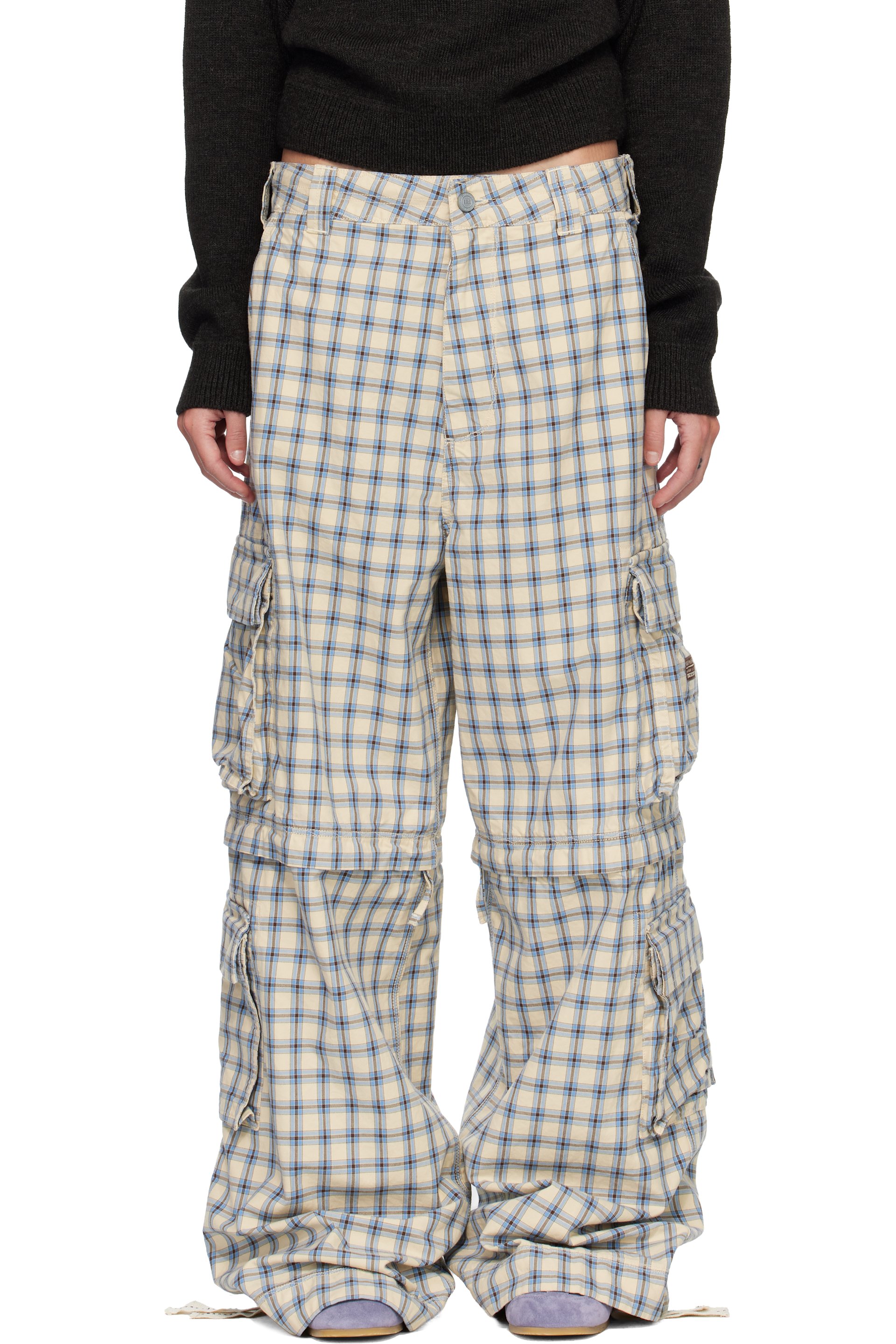 ERL - Pantalon cargo transformable beige et bleu à carreaux