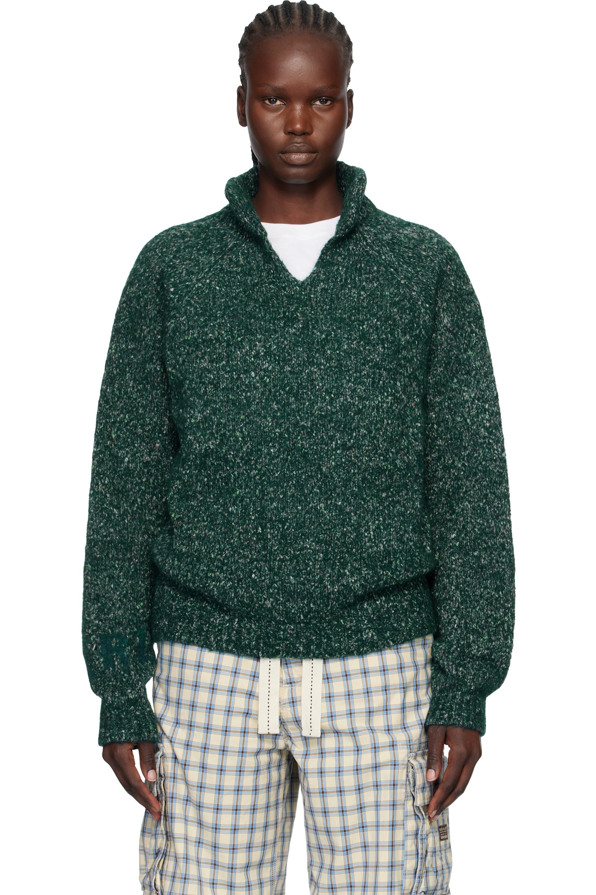 ERL - Polo vert en tricot d'alpaga à col droit