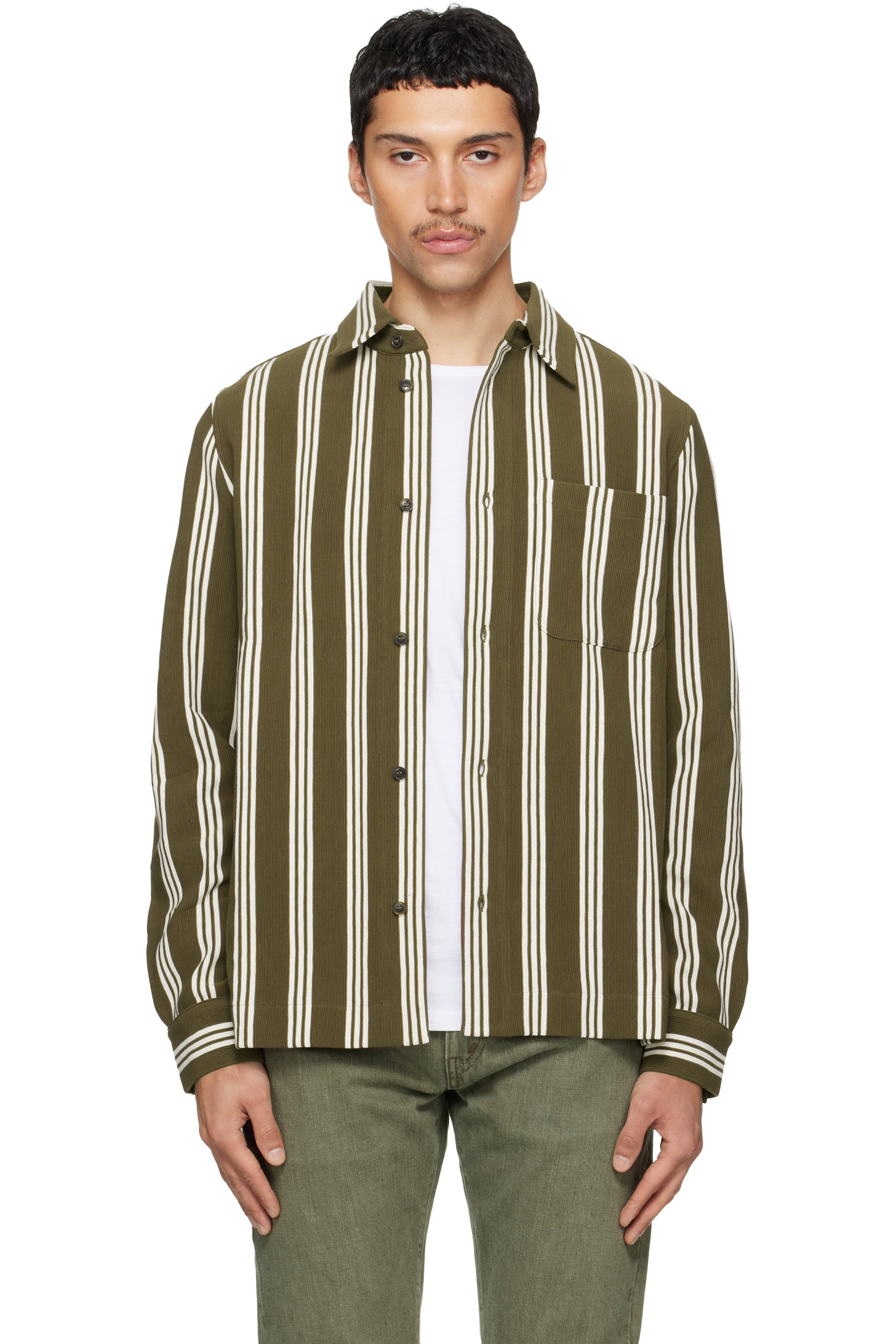 Paul Smith - 卡其色 Cotton-Blend Jersey Stripe 衬衫