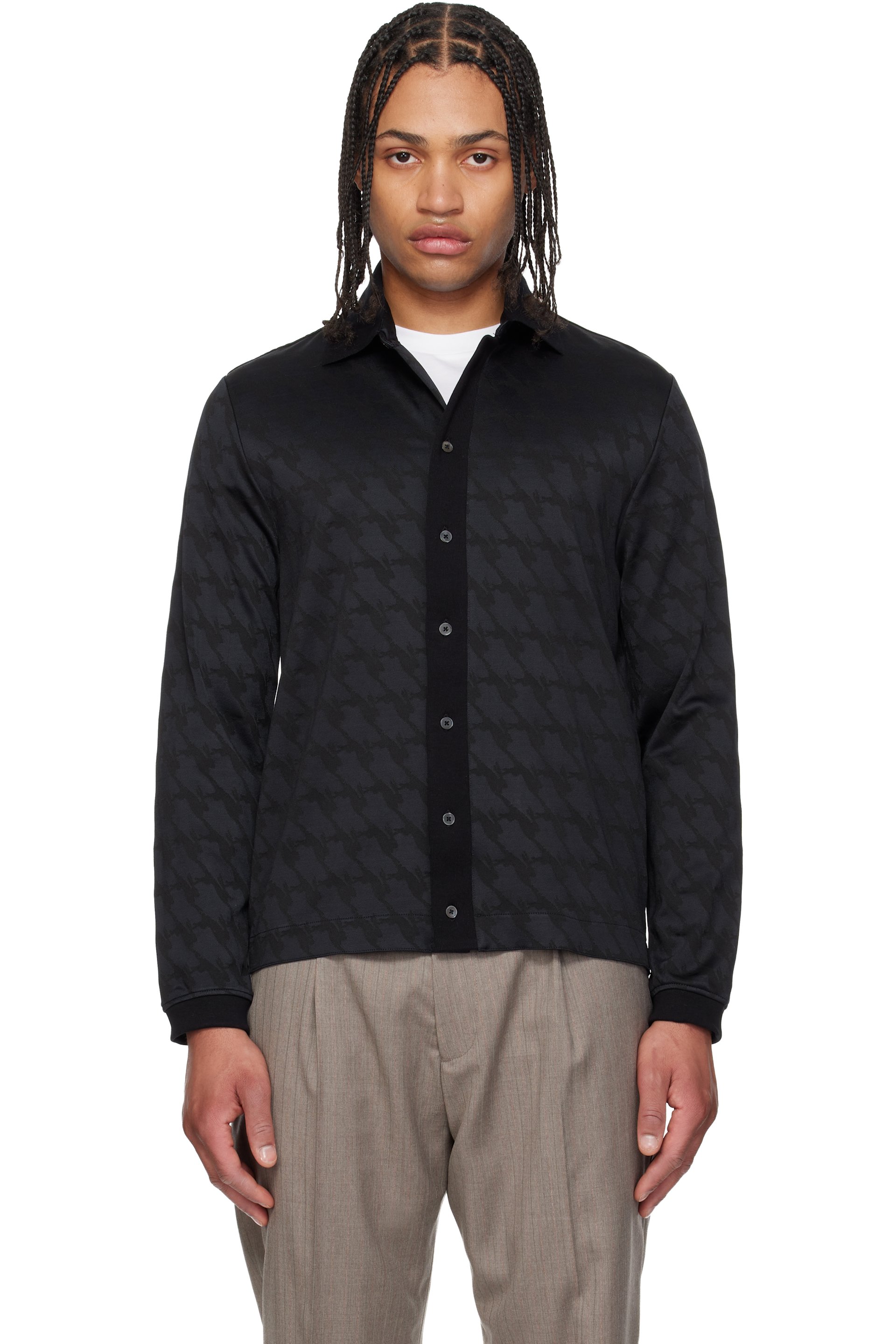 Paul Smith - 黑色 & 海军蓝 Long Sleeve Jacquard Polo 衬衫