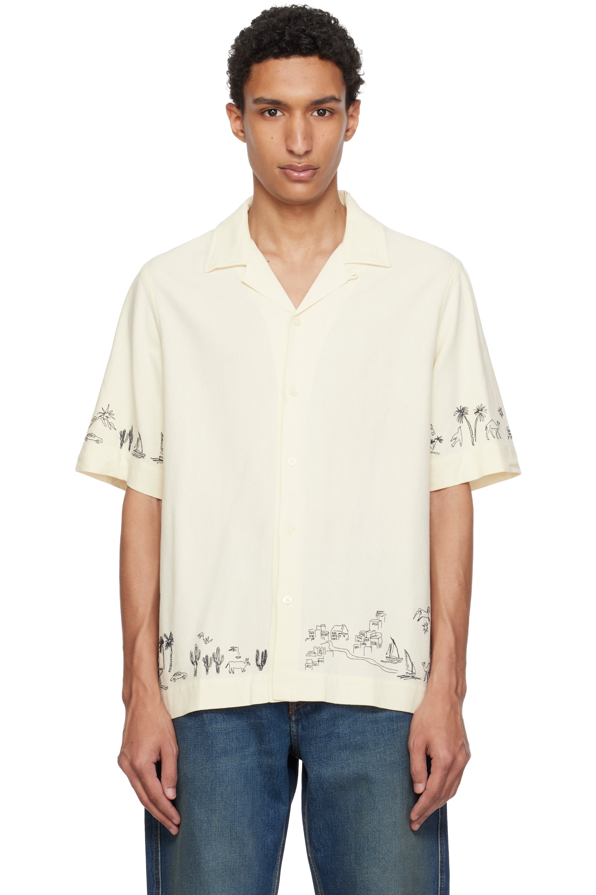 Paul Smith - 灰白色 Viscose-Linen Embroidered 衬衫