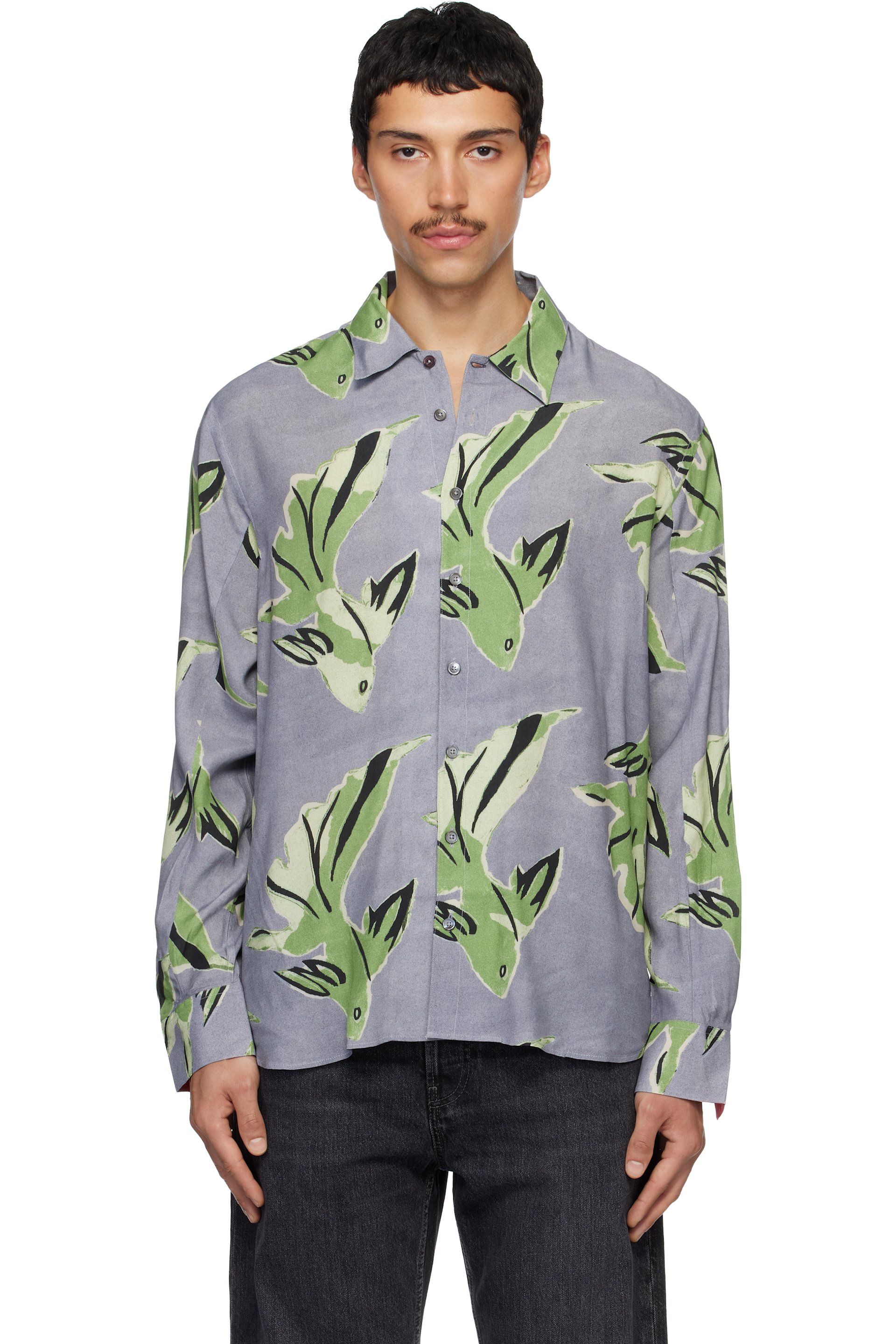 Paul Smith - 紫色 & 绿色 Le Peche Fish Print Viscose 衬衫