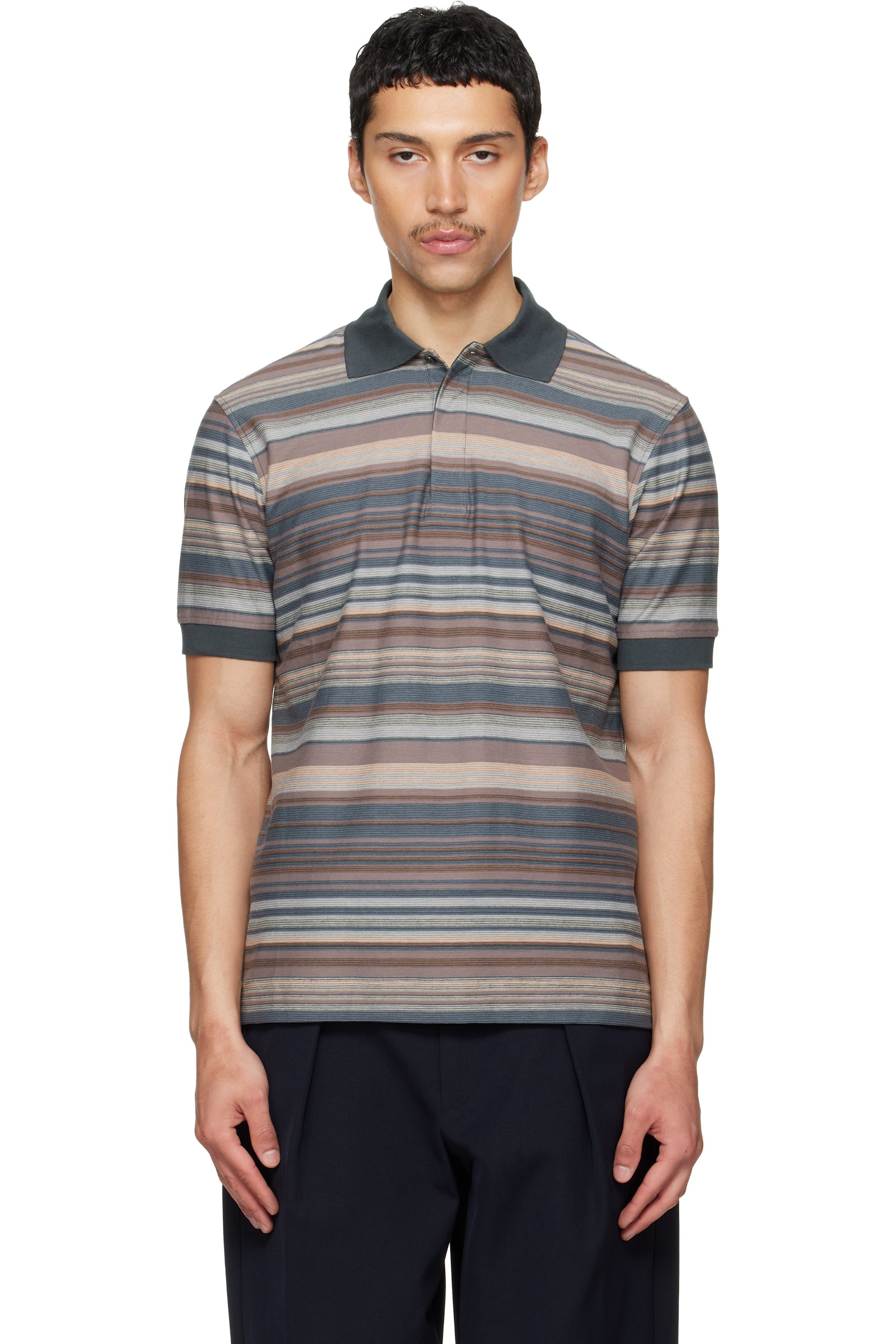 Paul Smith - 灰褐色 & 灰色 Textured Stripe Polo 衫
