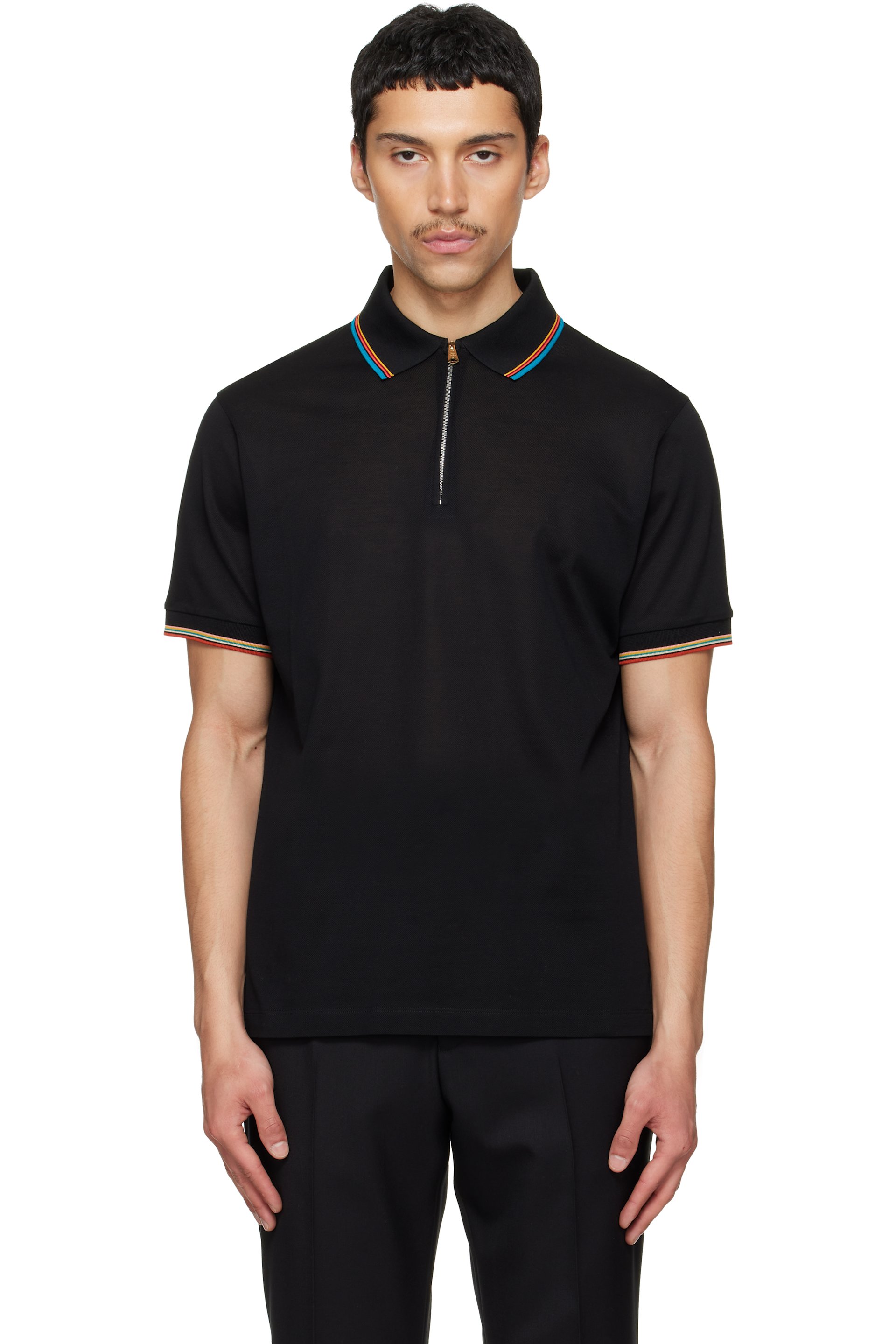 Paul Smith - 海军蓝 Cotton Signature Stripe Trim Zip Polo 衫
