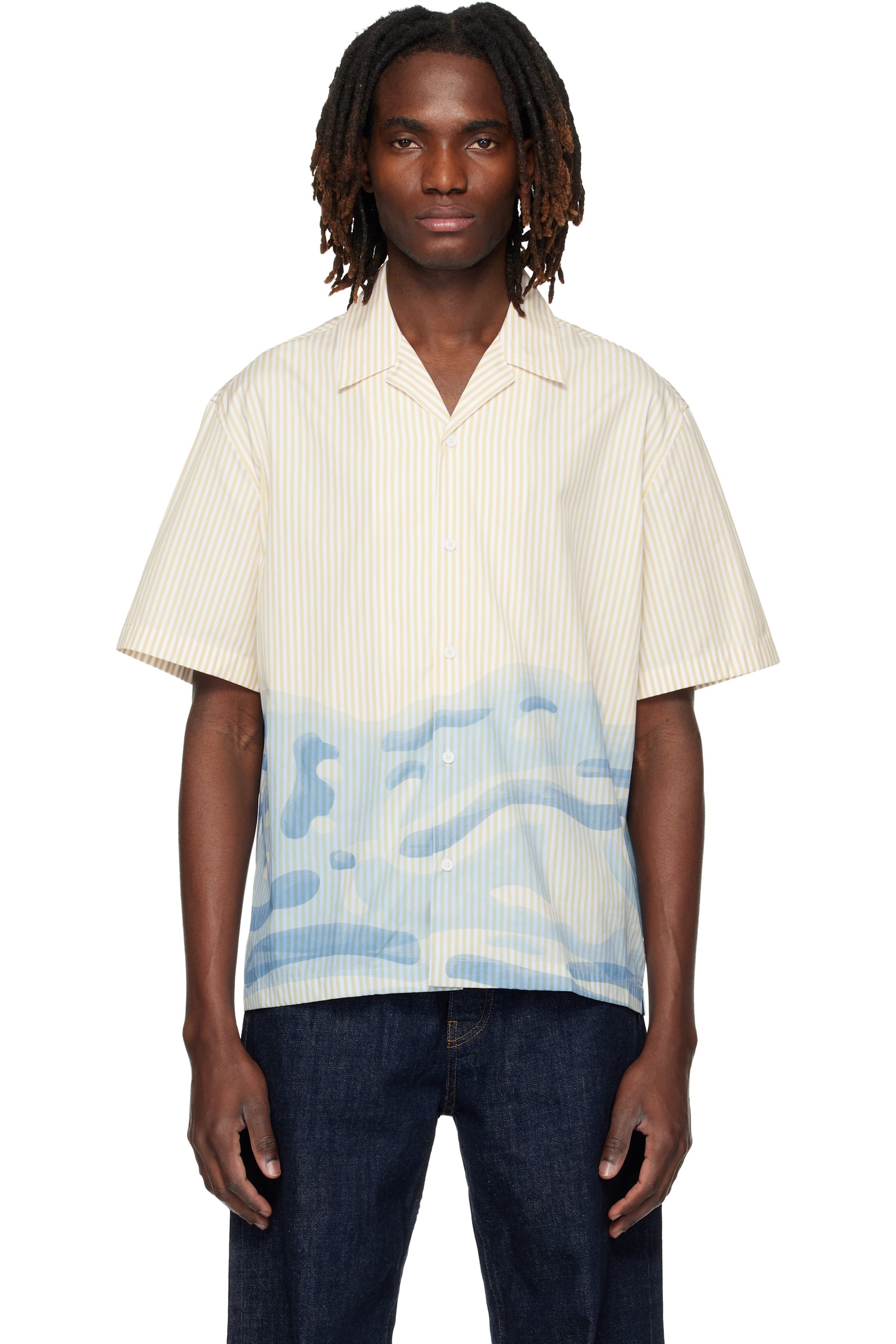 Lacoste - White & Blue Relaxed Fit Striped Lacoste Logo Shirt