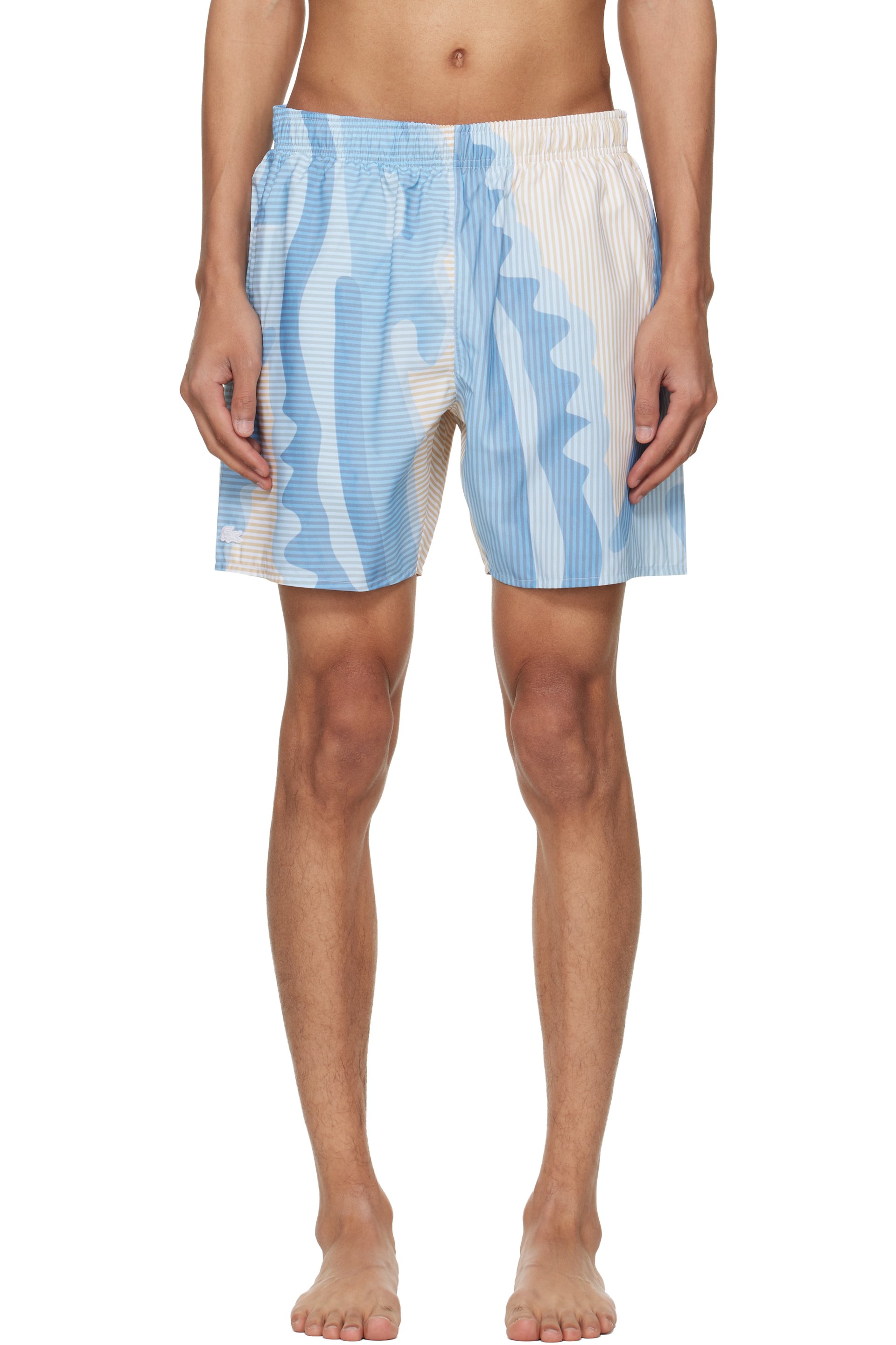 Lacoste - Blue & Beige Mid Length Striped Swim Shorts