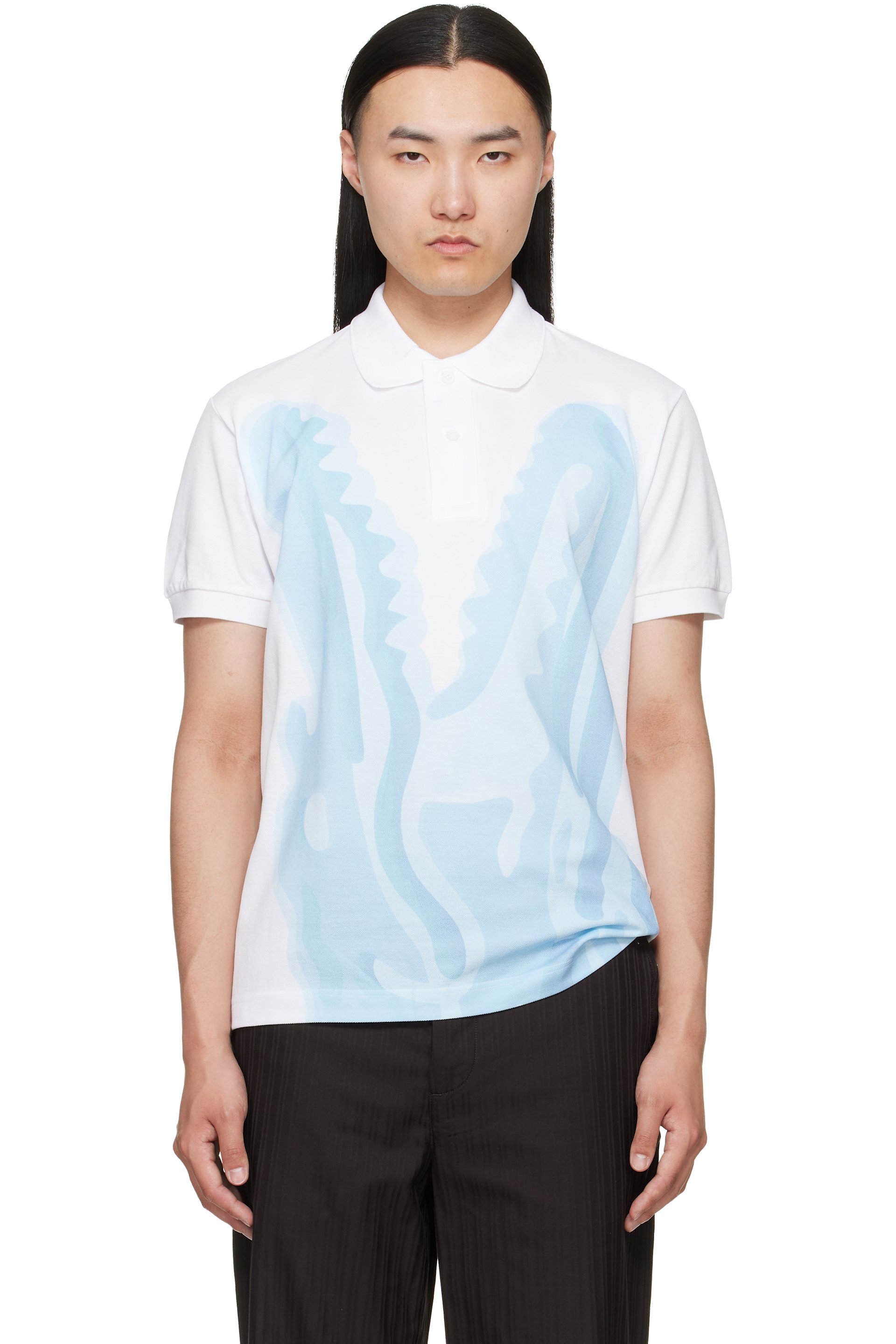 Lacoste - White & Blue Classic Fit Printed Piqué Polo