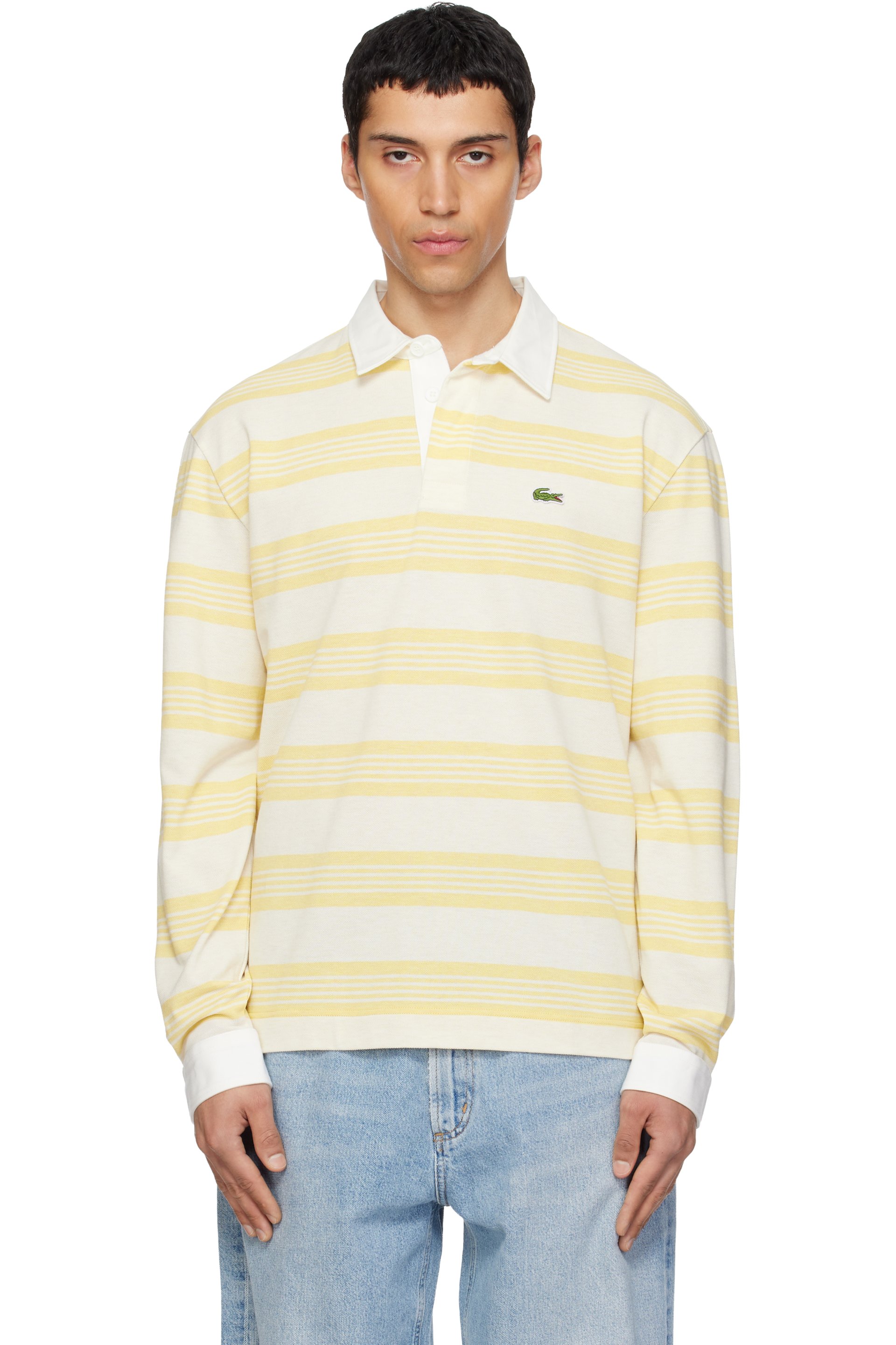 Lacoste - White & Yellow Relaxed Fit Striped Piqué Rugby Polo