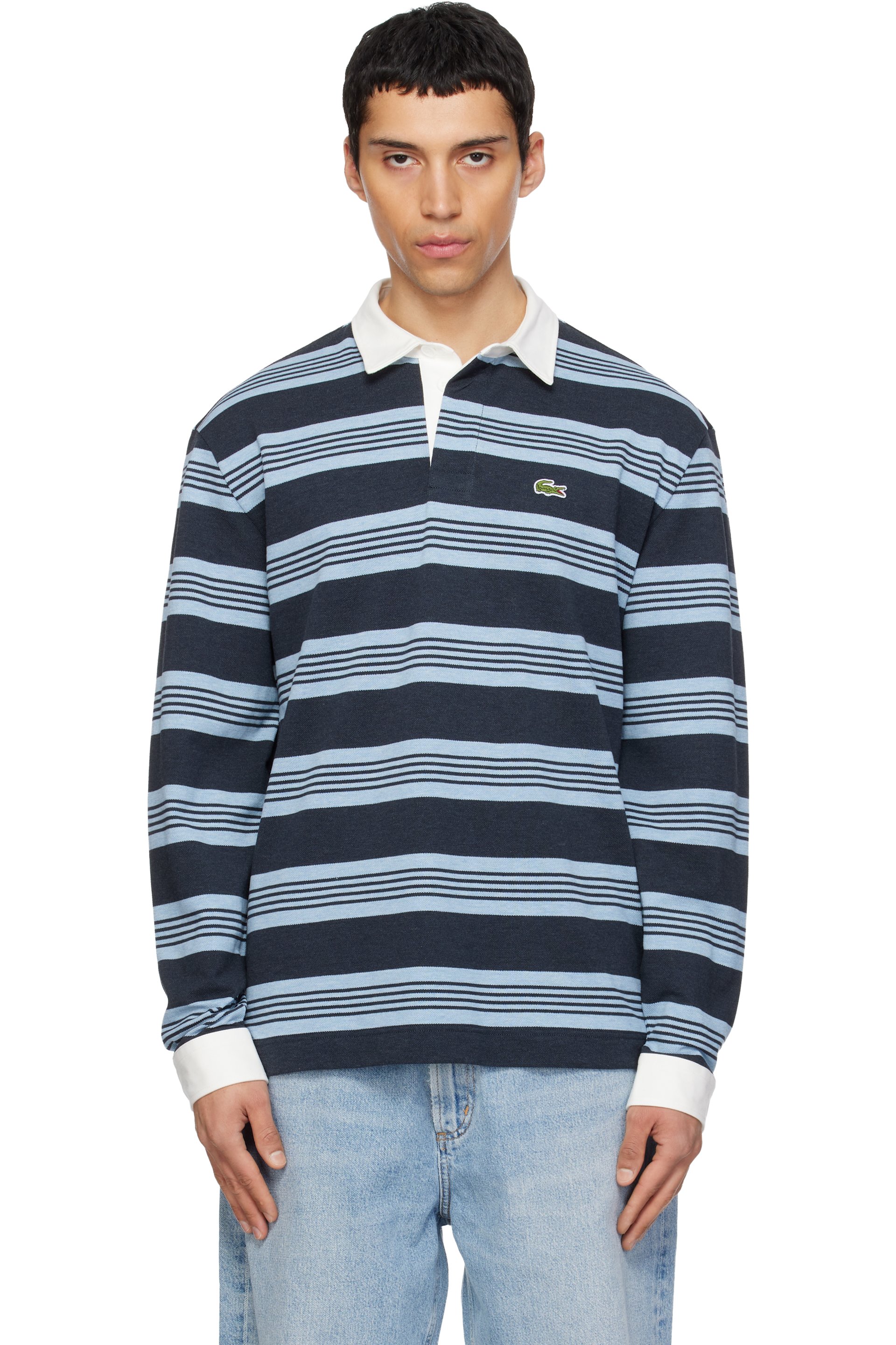 Lacoste - Navy & Blue Relaxed Fit Striped Piqué Rugby Polo