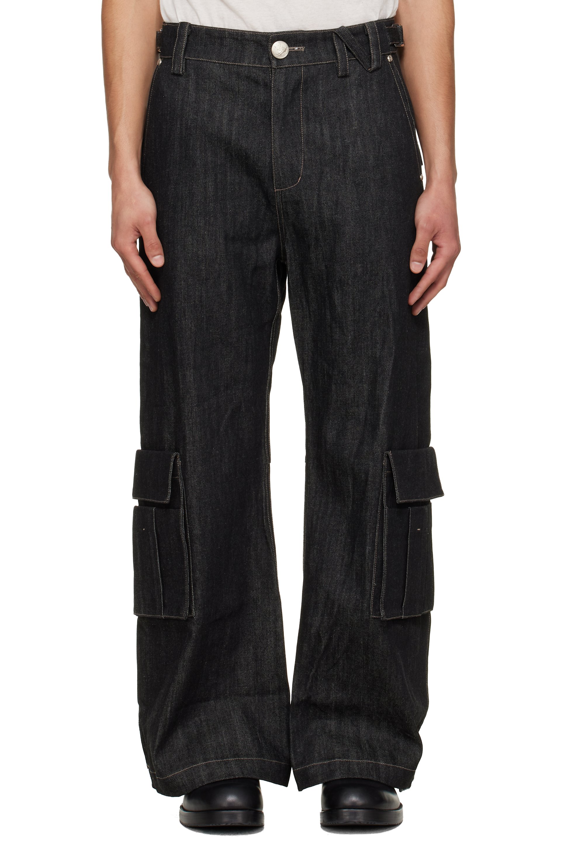 NULLUS - Black Whale Fin Snap-On Denim Cargo Pants