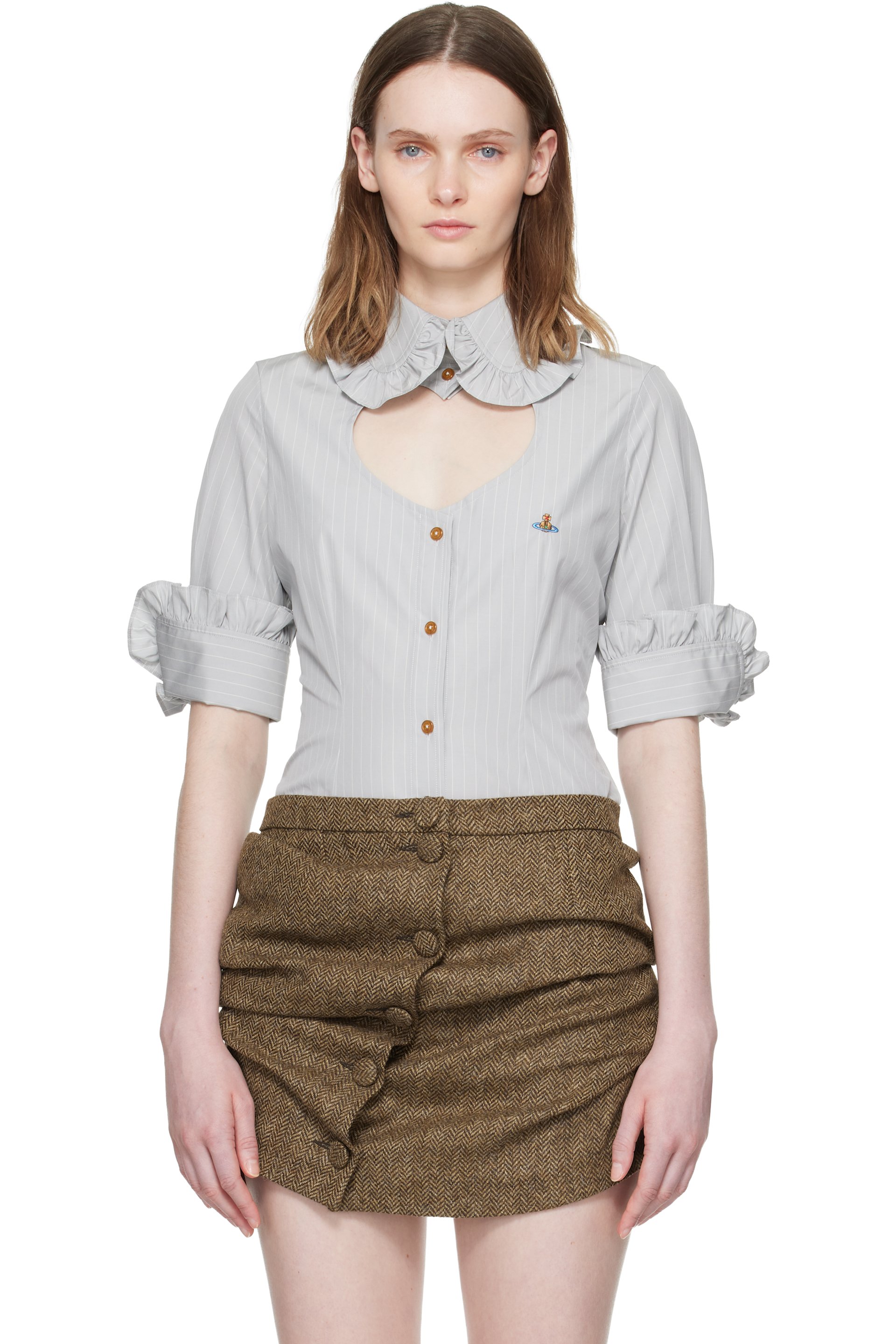 Vivienne Westwood - Gray Pinstripe Shirting S/S Toulouse Frill Shirt