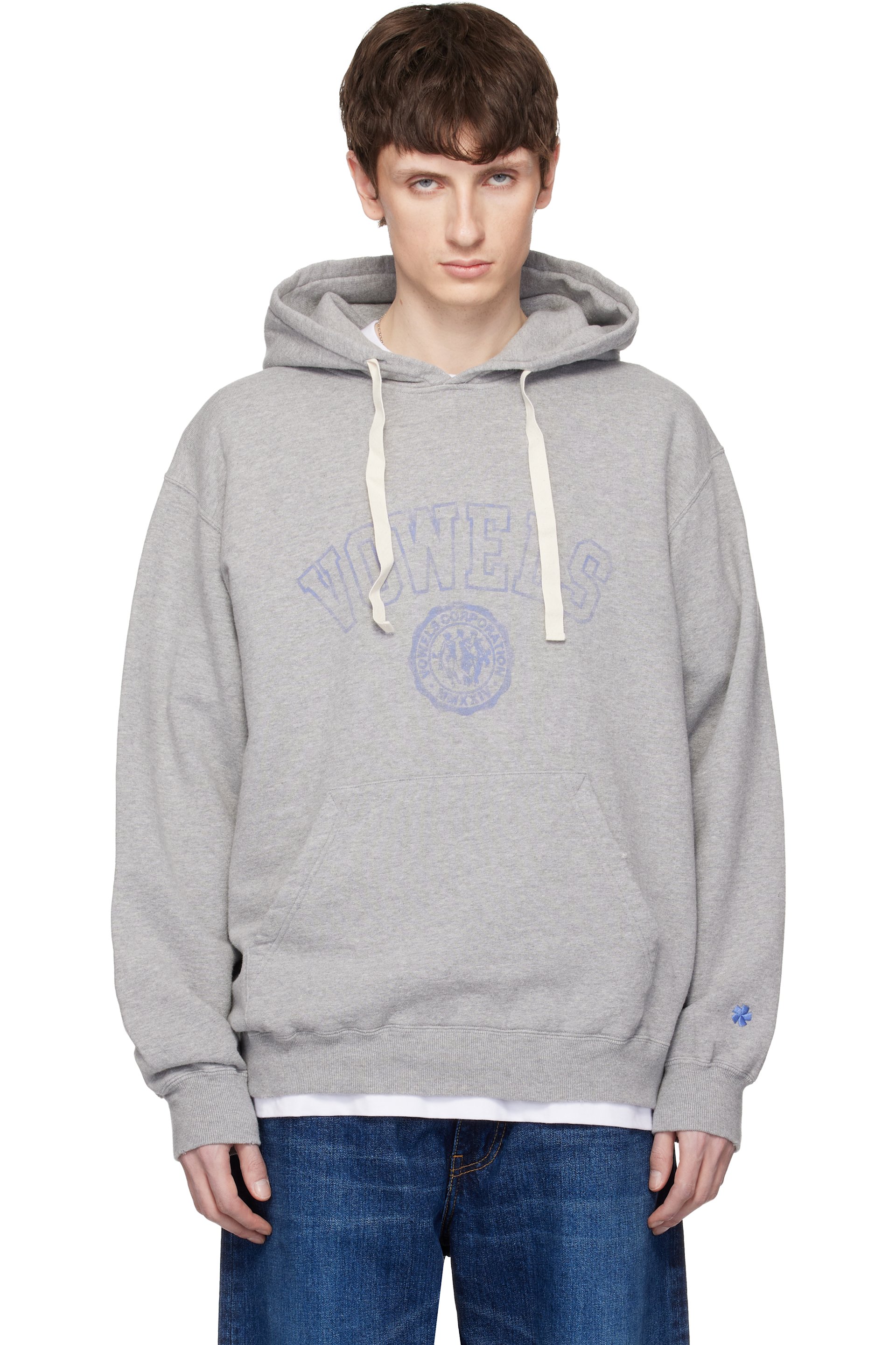 vowels - Pull à capuche gris à logo de style collégial et à effet délavé