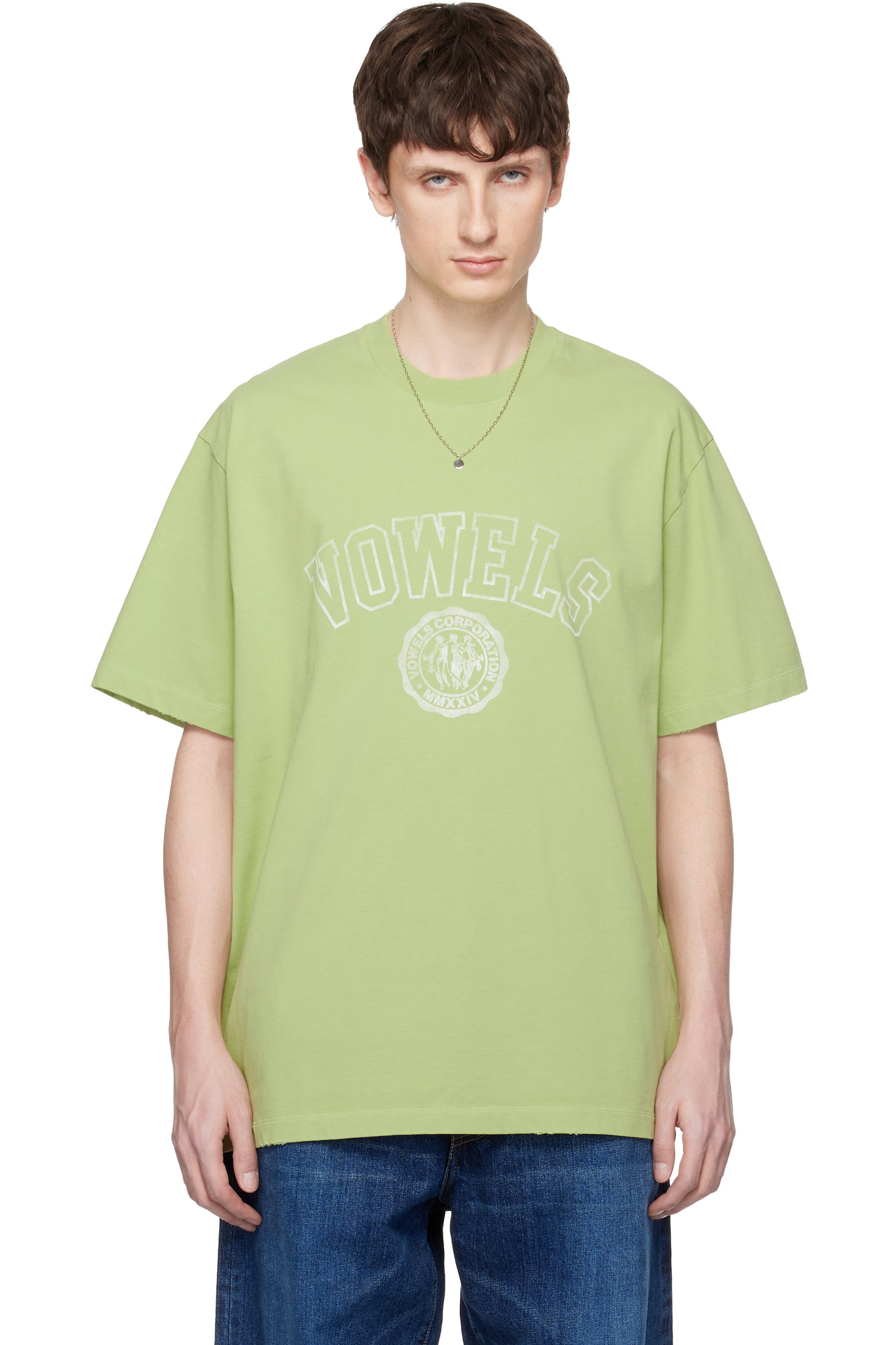 vowels - T-shirt vert à logo de style collégial et à effet délavé