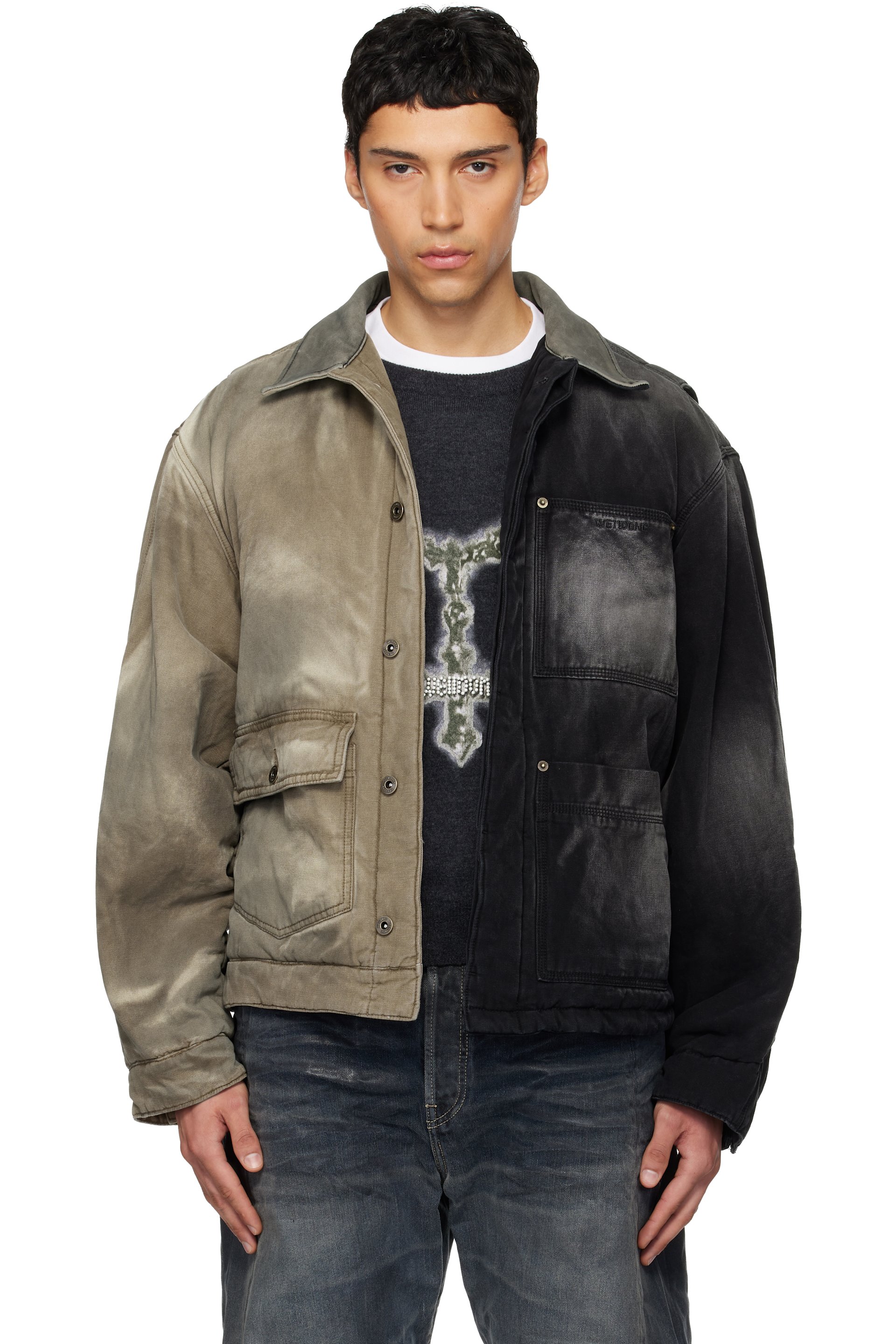 We11done - Blouson de travail noir et beige à panneaux