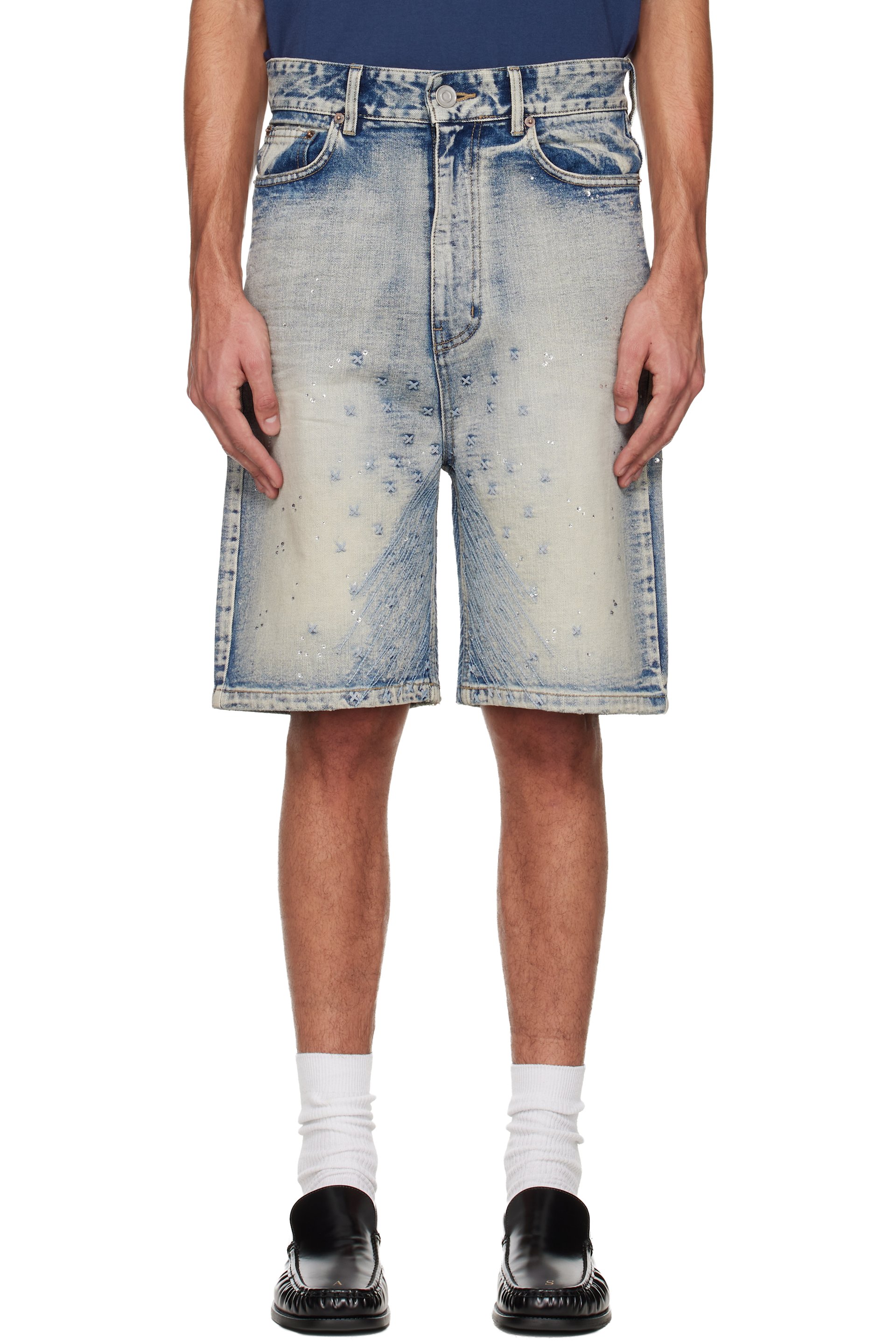 We11done - Blue Embroidery Washed Denim Shorts