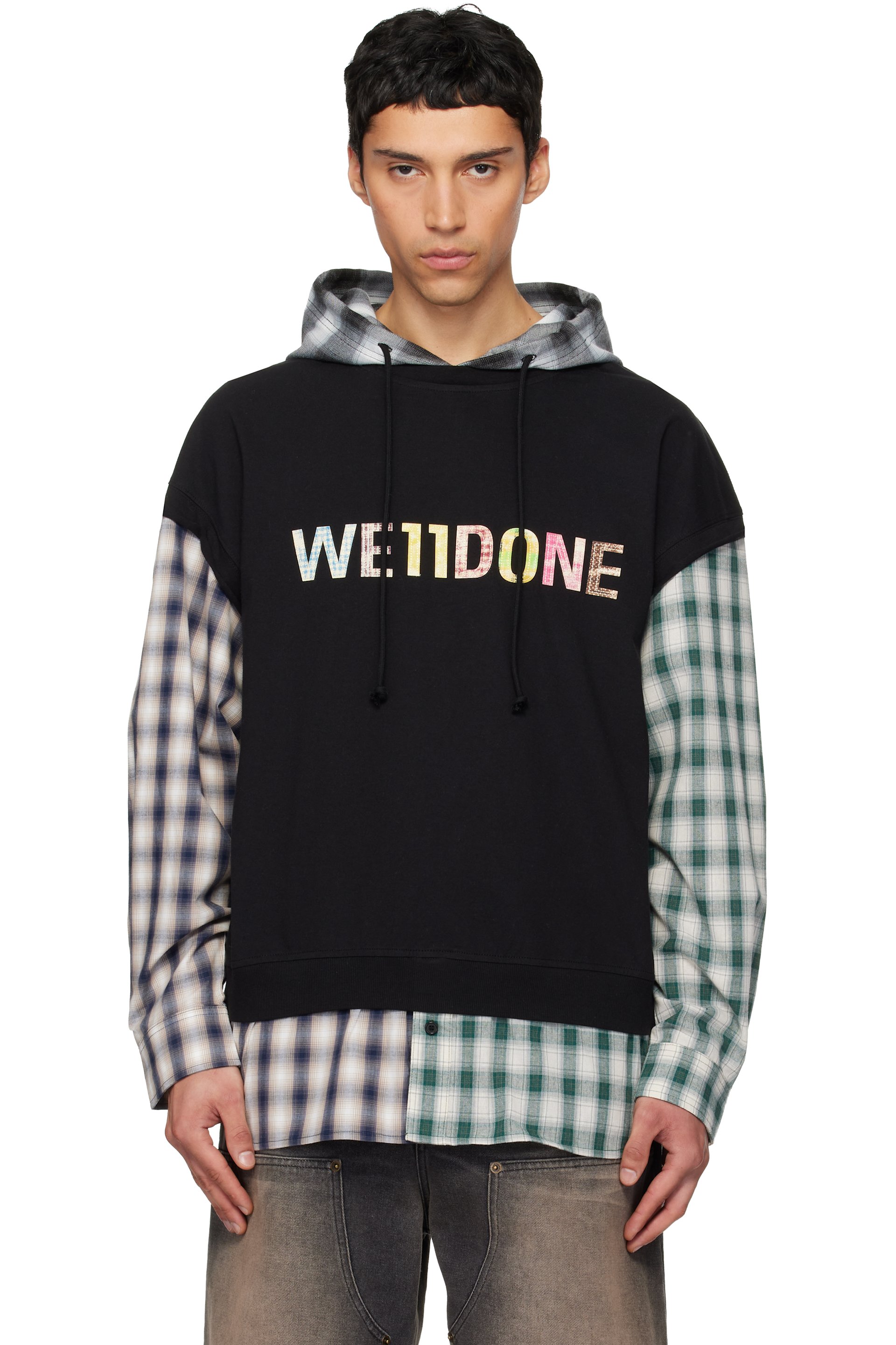 We11done - ブラック 'WE11DONE' パッチワーク レイヤード フーディ