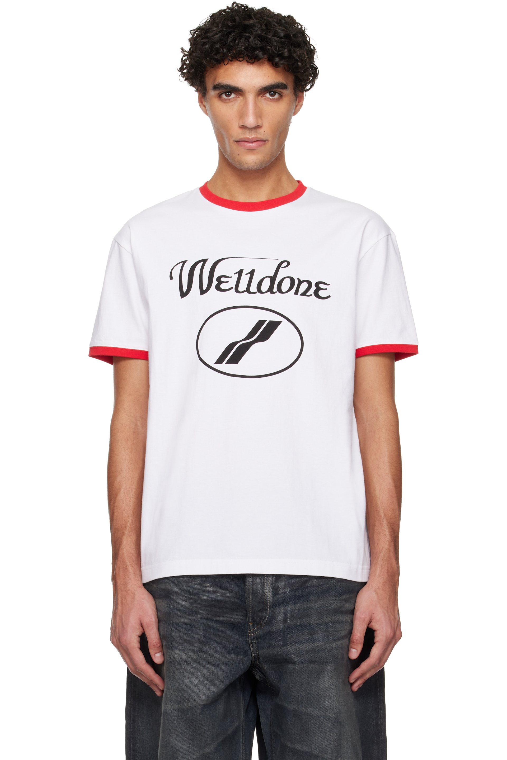 We11done - T-shirt ajusté blanc à logo manuscrit et à bordures contrastées