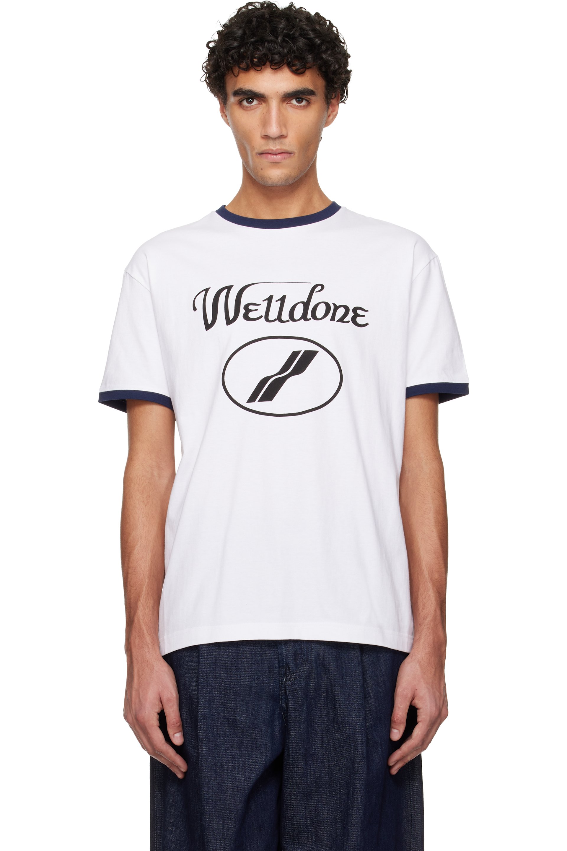 We11done - T-shirt ajusté blanc à logo manuscrit et à bordures contrastées