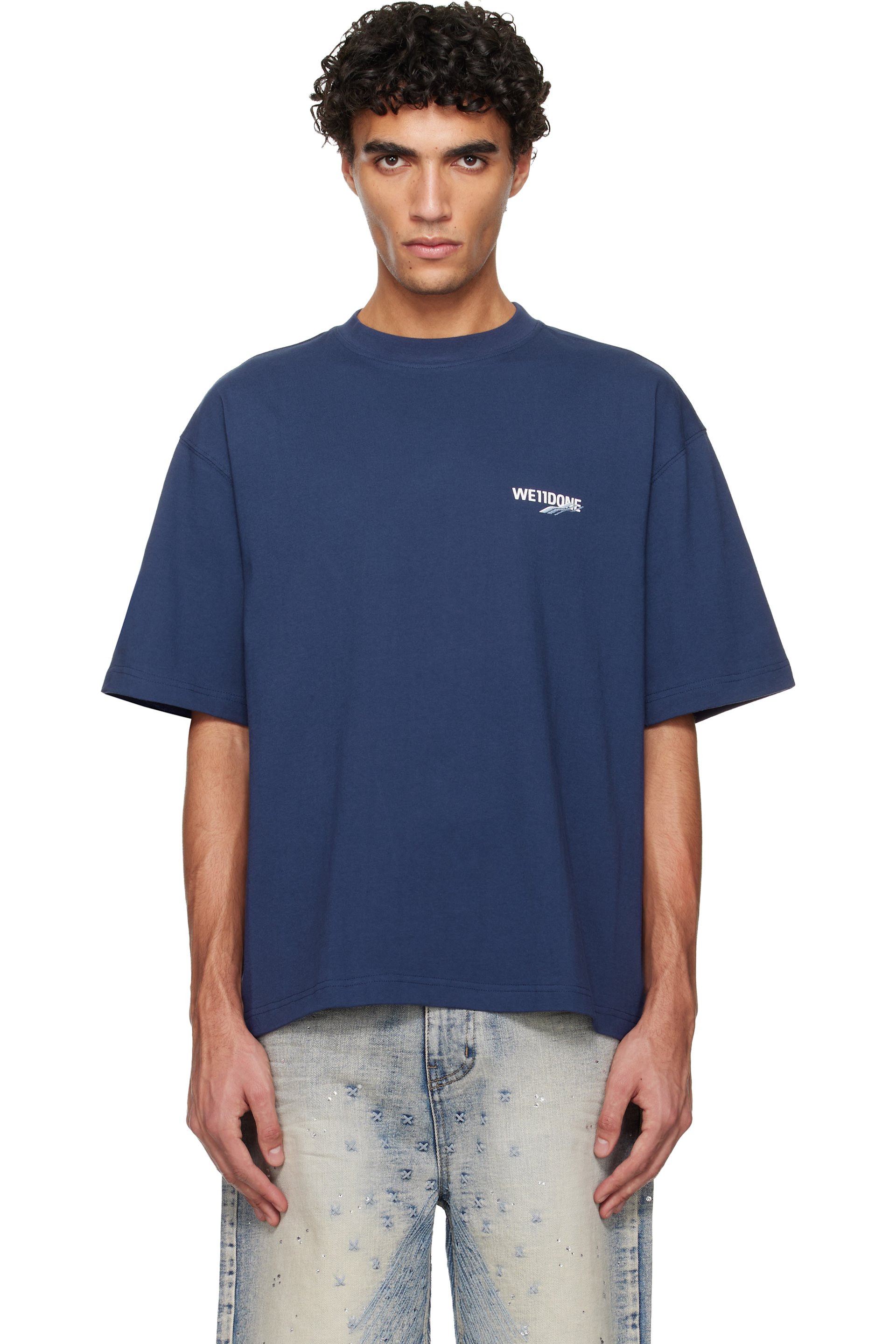 We11done - T-shirt bleu marine à logos 1506