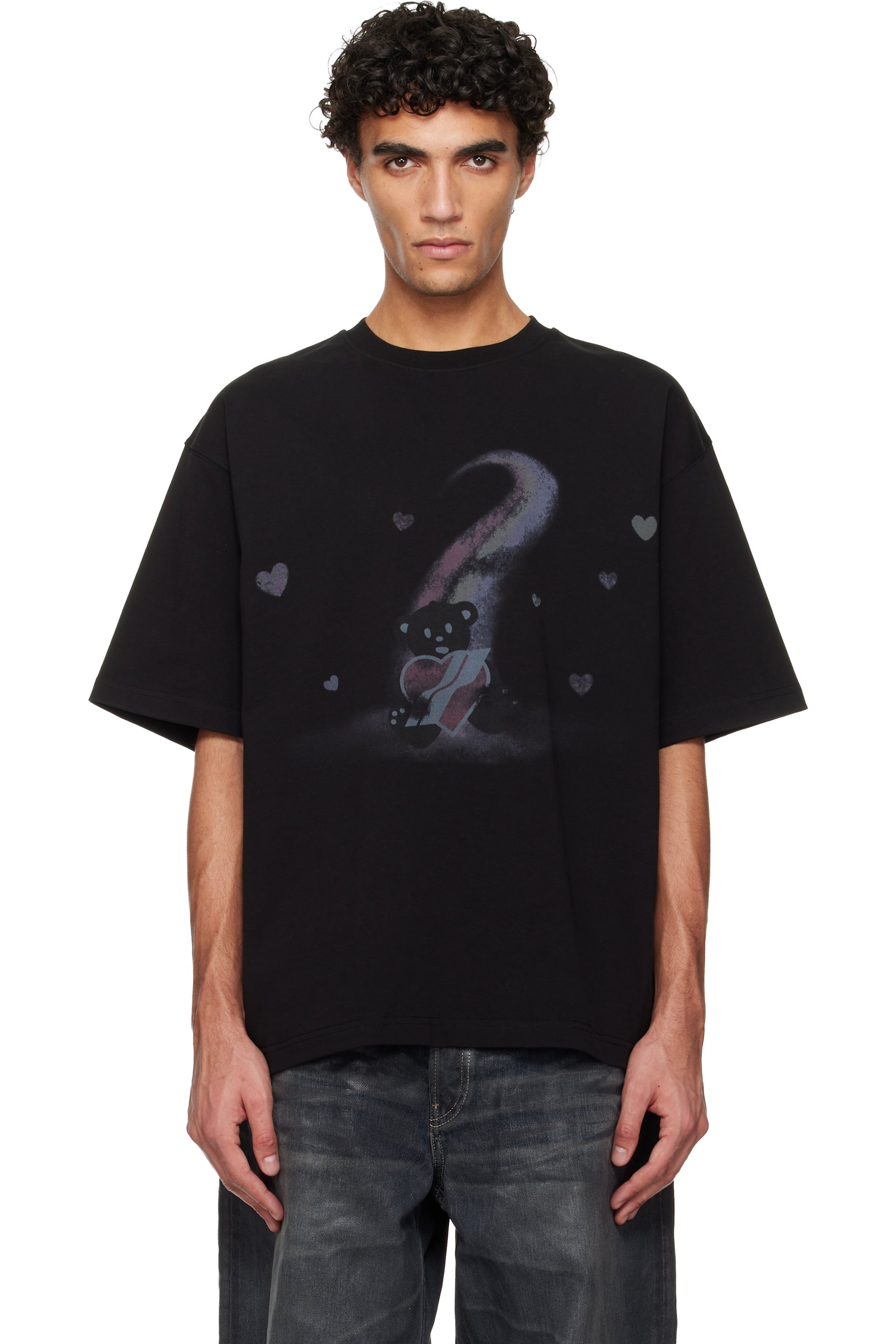 We11done - T-shirt noir à images d'ourson et de cœurs