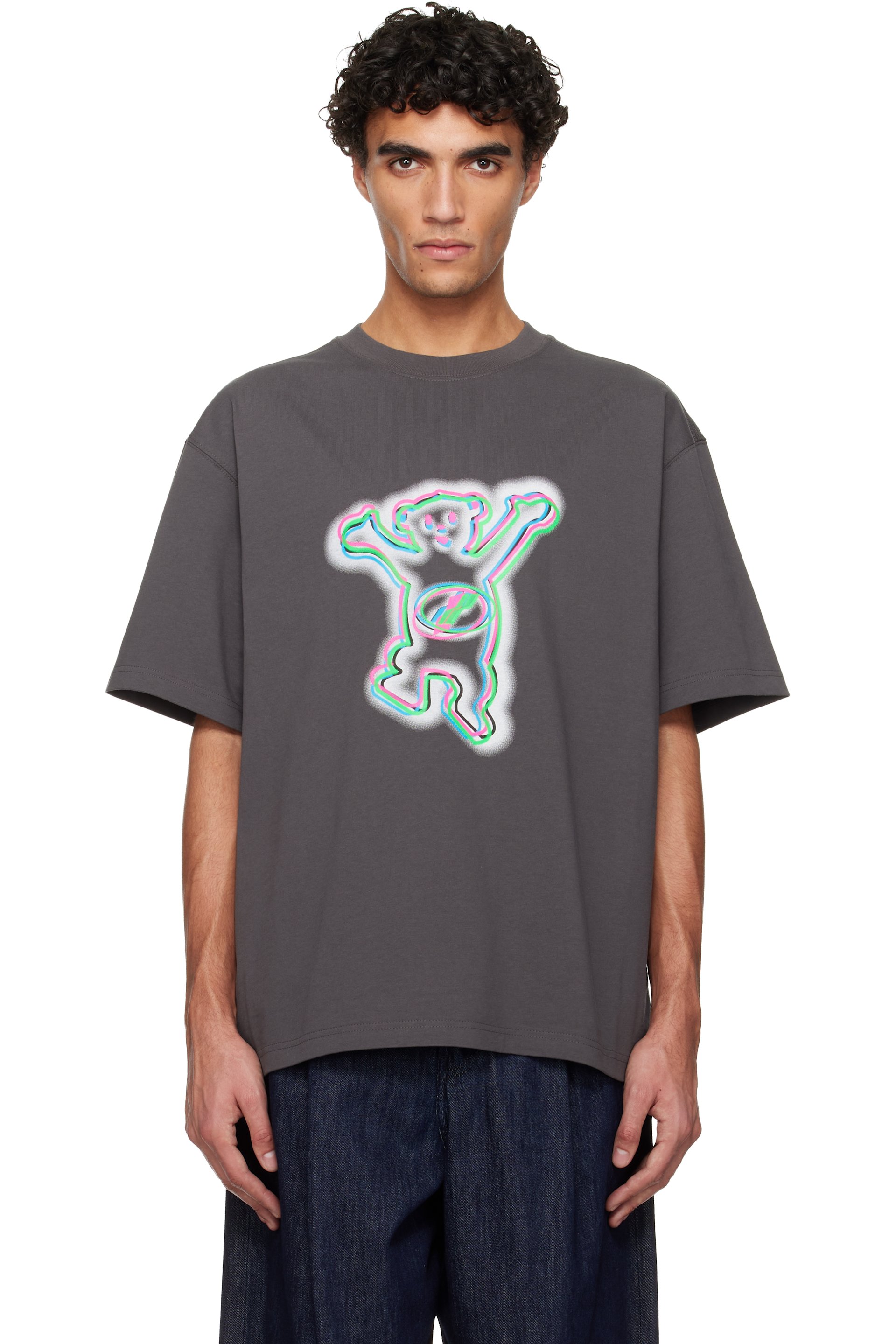 We11done - T-shirt gris à images d'ourson multicolore