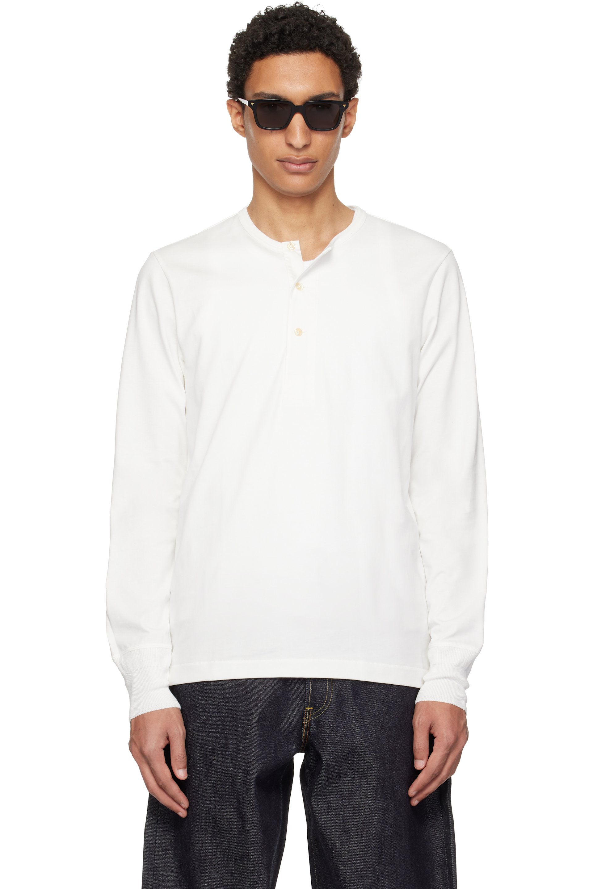 Merz b. Schwanen - ホワイト 2M06 Mid-Century Machine Refined Fit 長袖ヘンリーネック Tシャツ