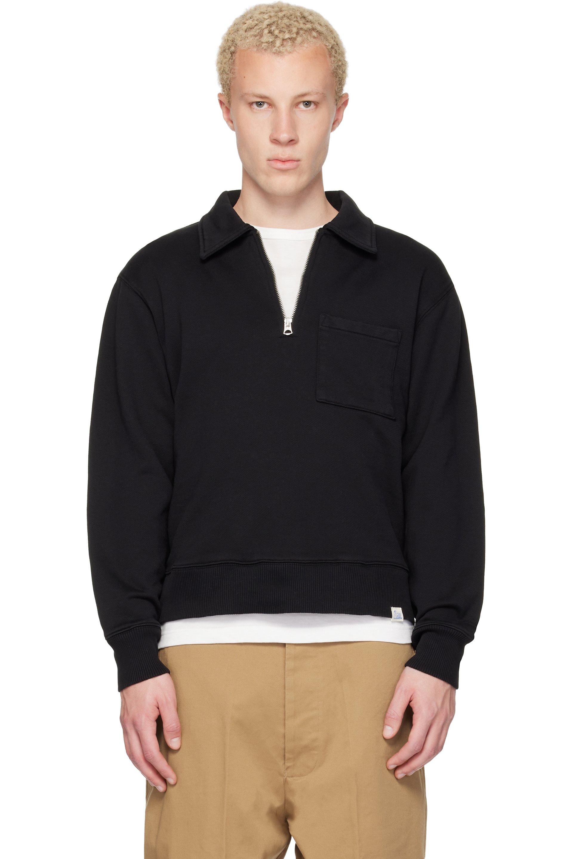 Merz b. Schwanen - ブラック Authentic Fleece ポロカラー コットン ハーフジップ スウェットシャツ