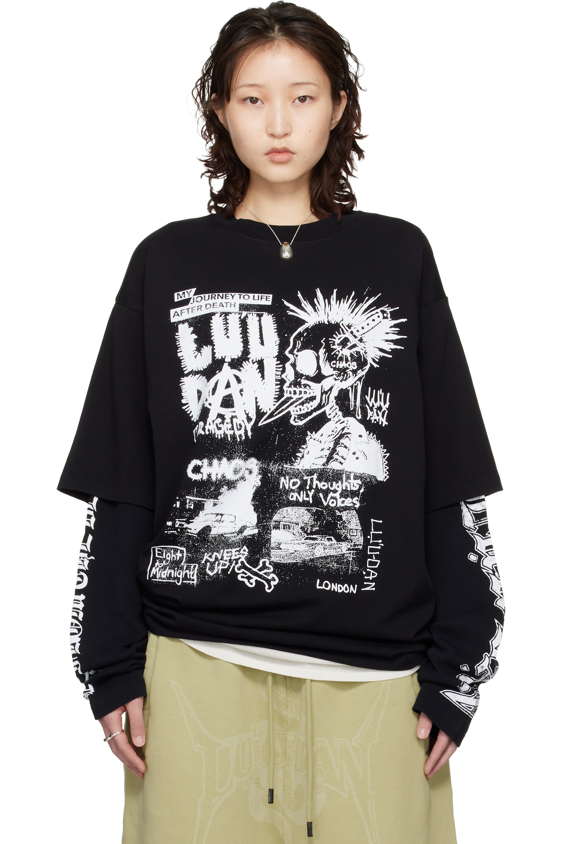 LU’U DAN - T-shirt noir à manches étagées