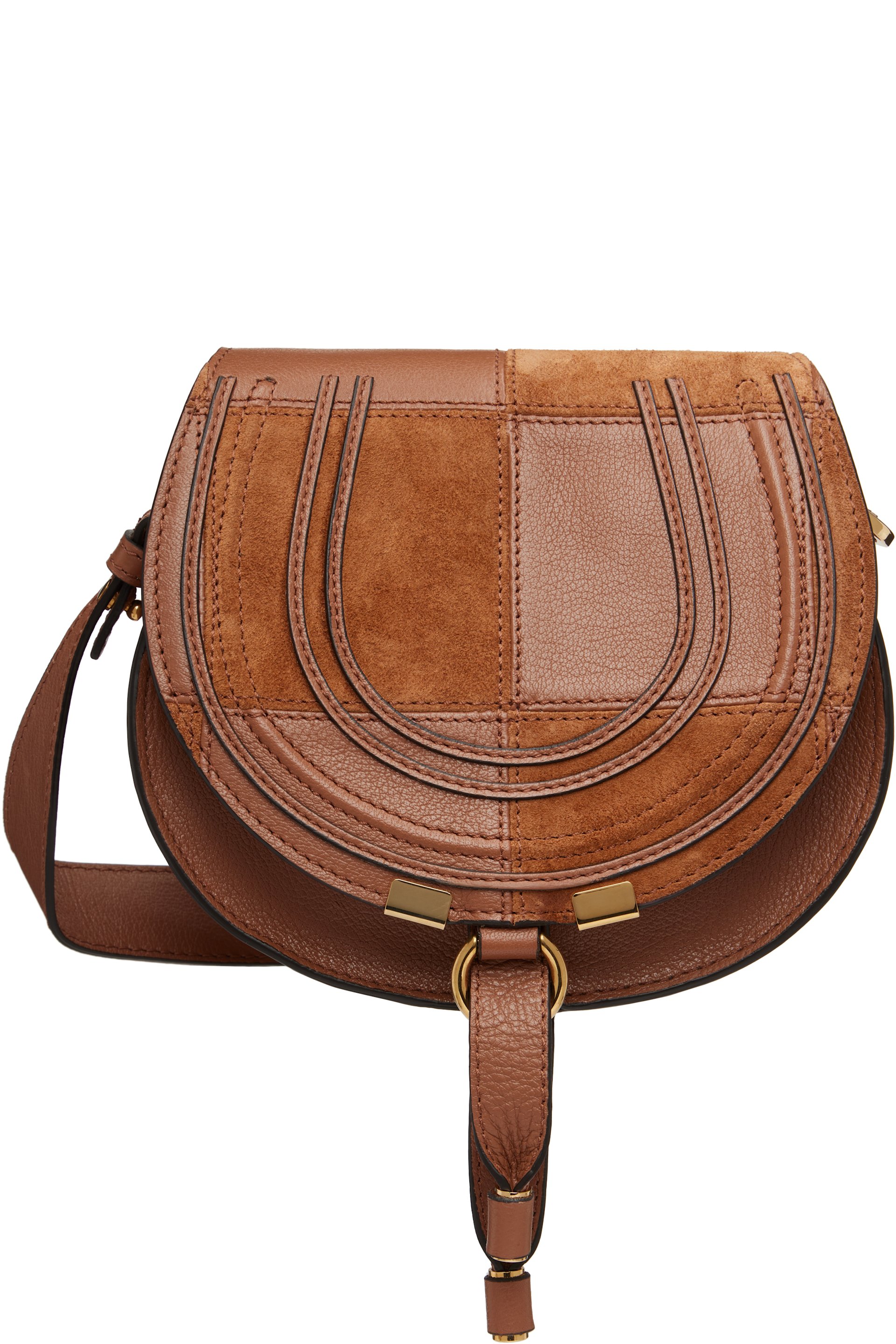 Chloé - Petit sac sellier brun en cuir grainé et en suède à ferrure Marcie