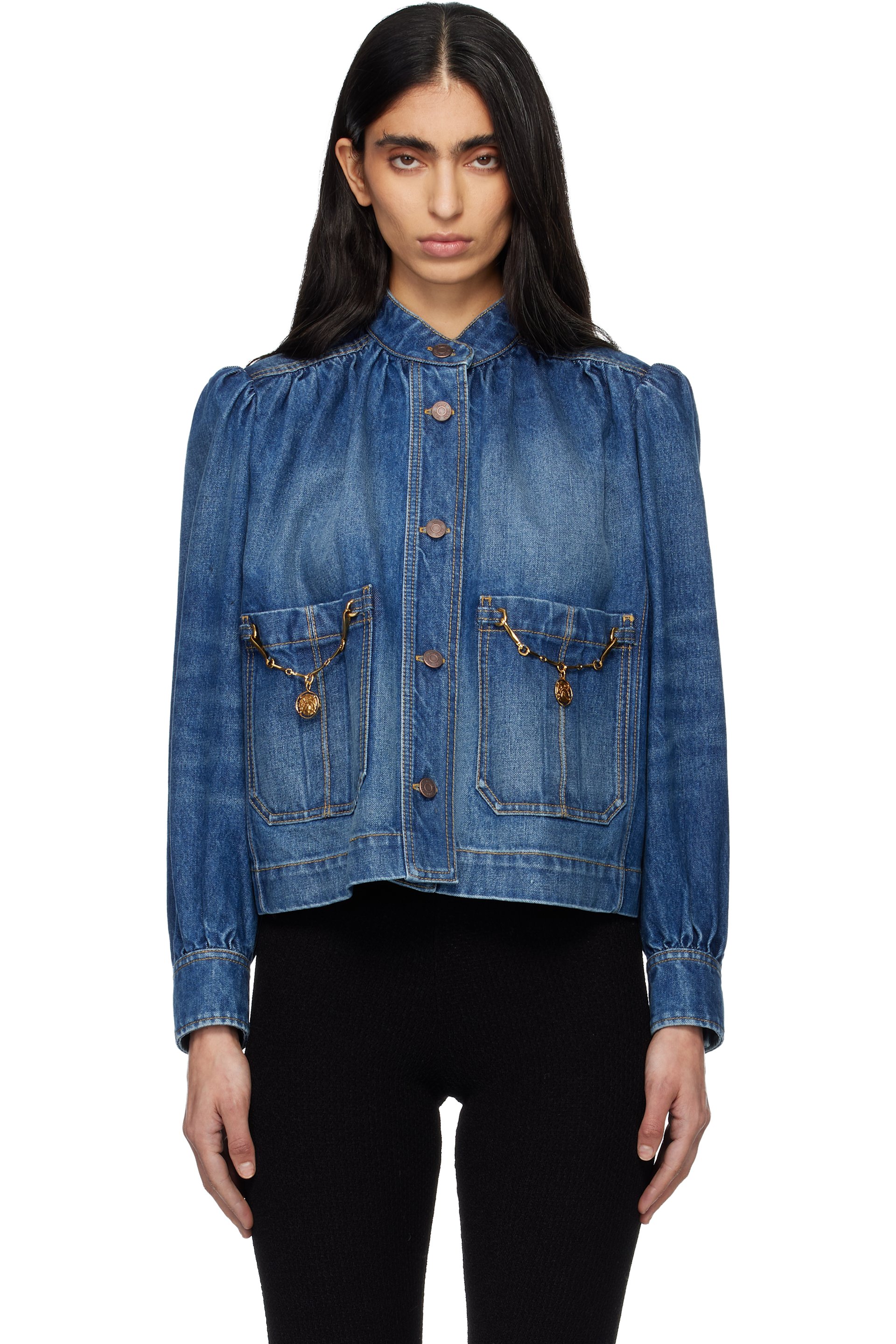 Chloé - Indigo High-Neck Gathered Denim Jacket