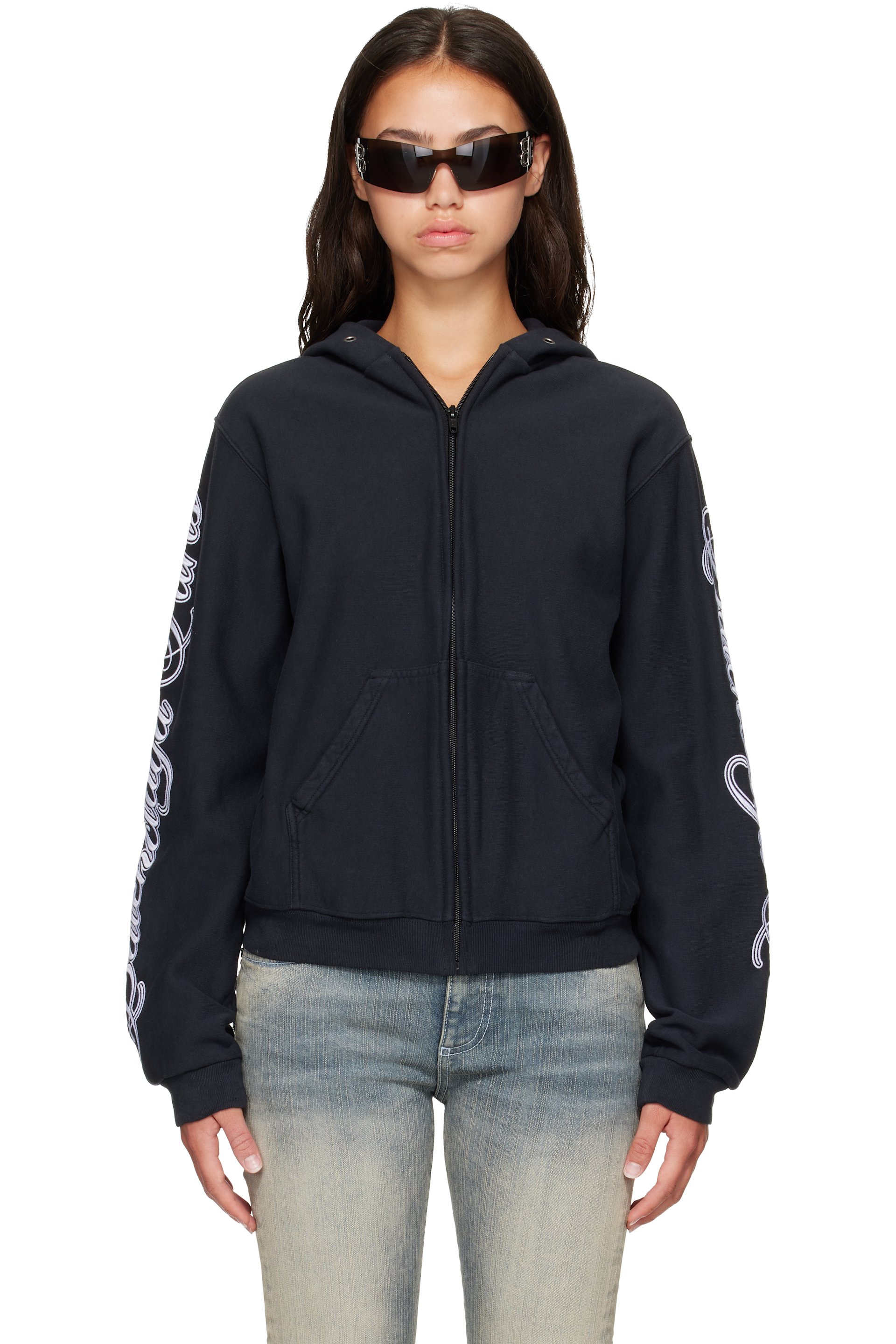 Balenciaga - Black Cursive Zip-Up Regular Fit Hoodie