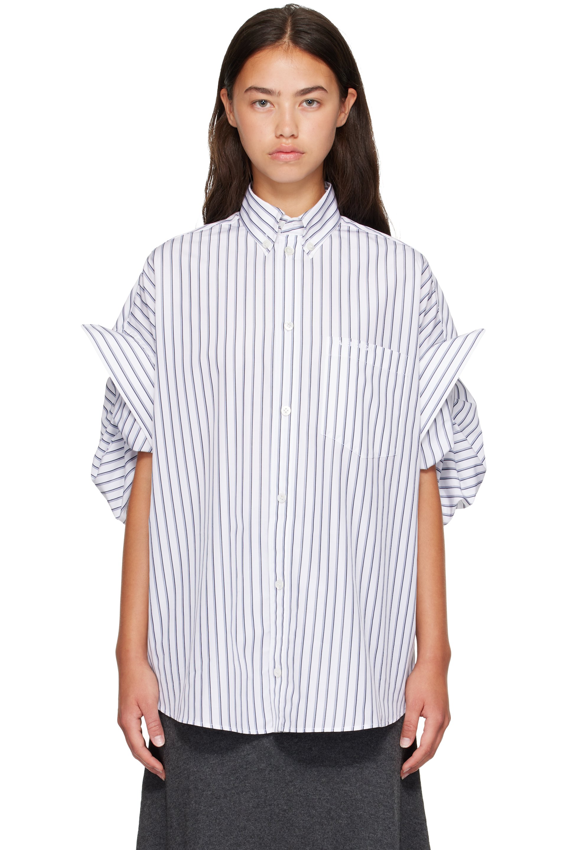 Balenciaga - White & Blue Tucked Sleeve Shirt