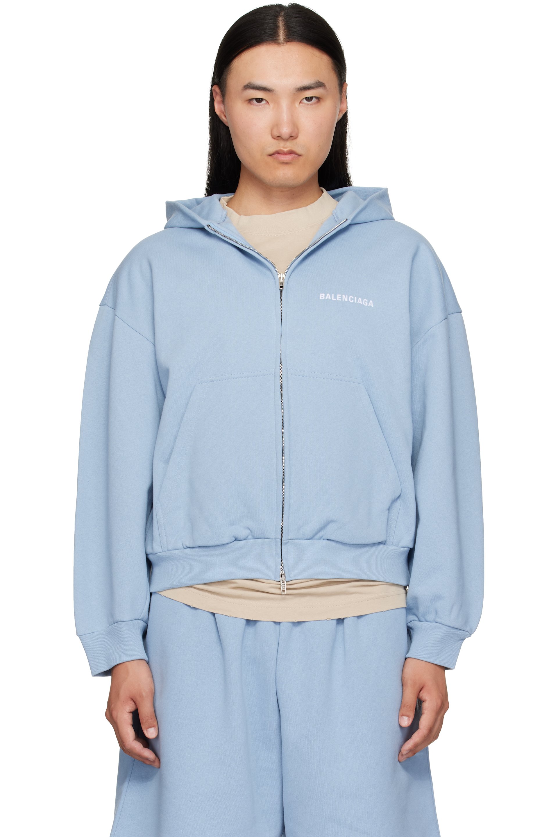 Balenciaga - Pull à capuche bleu à broderie et à glissière