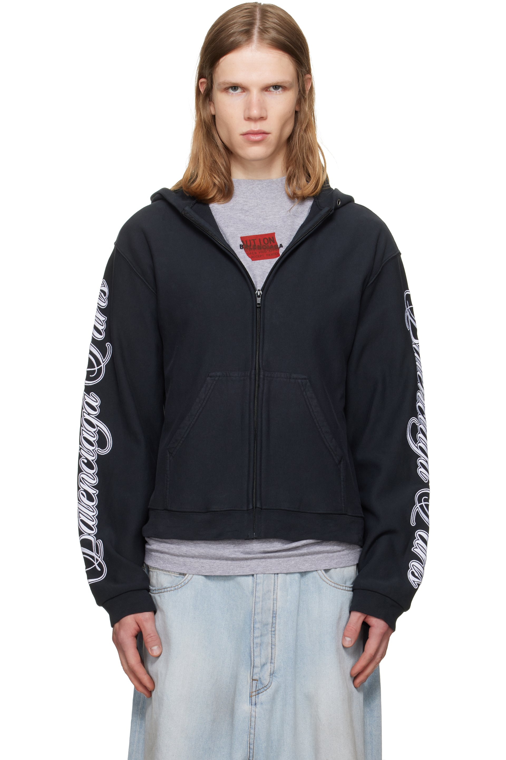 Balenciaga - Black Cursive Zip-Up Regular Fit Hoodie