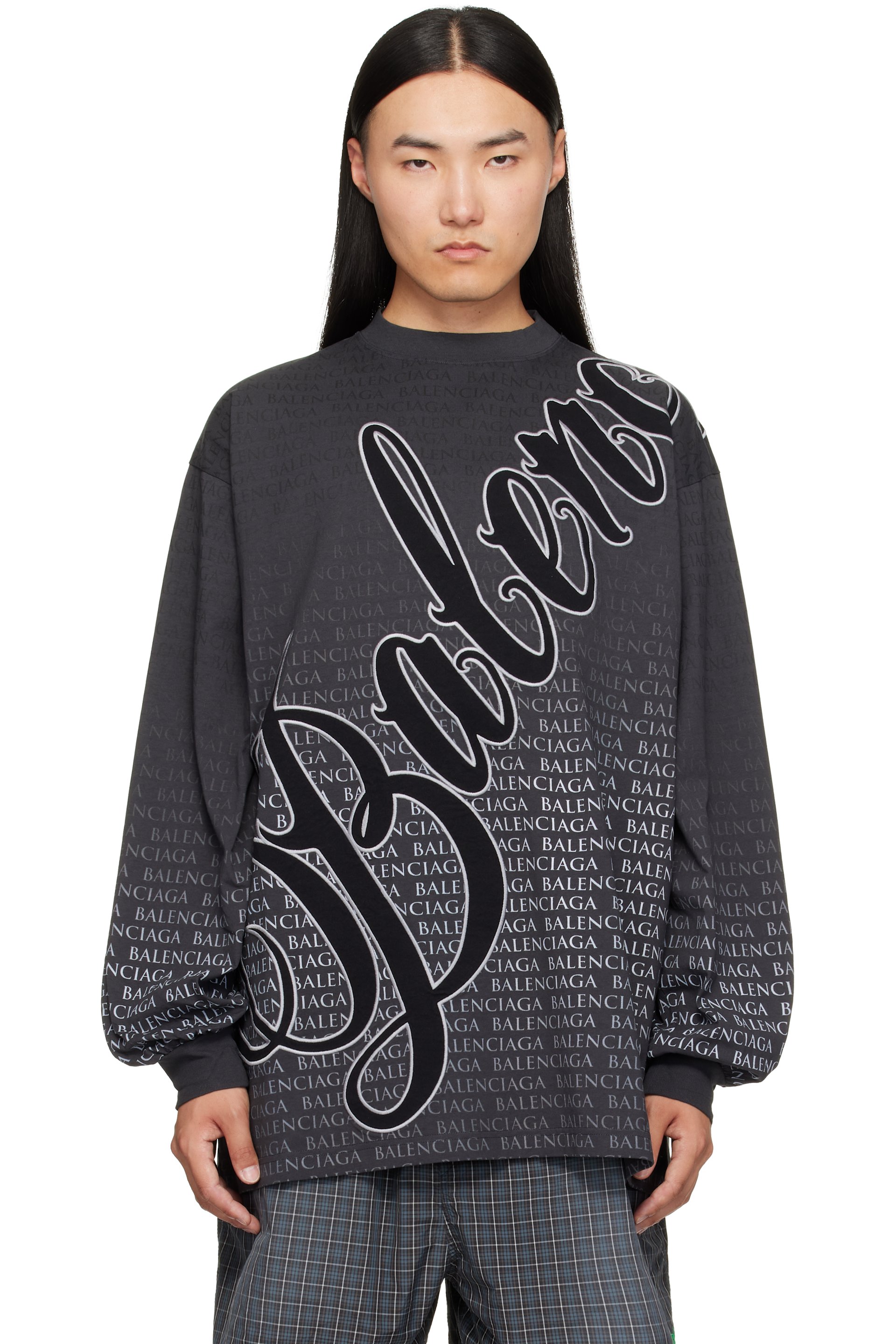Balenciaga - T-shirt à manches longues gris à logos imprimés