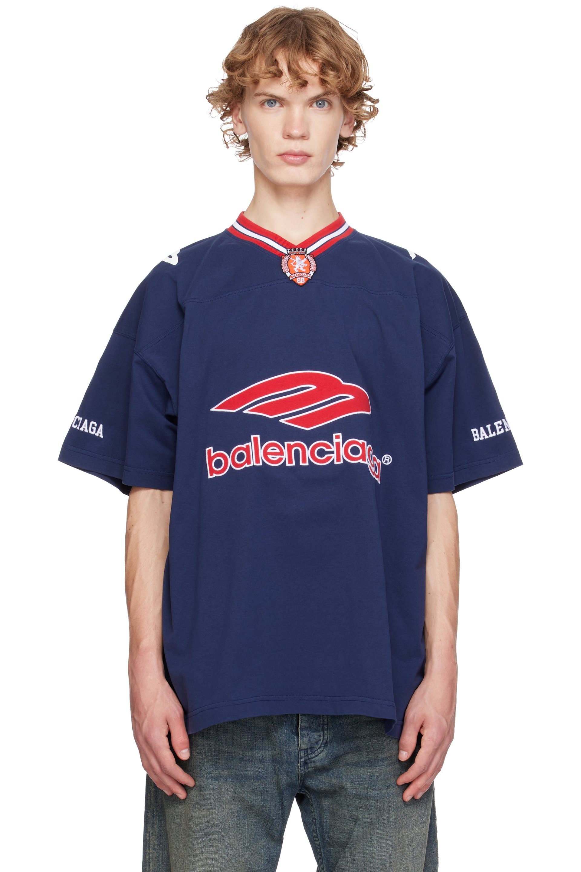 Balenciaga - T-shirt de football surdimensionné bleu marine à col en V
