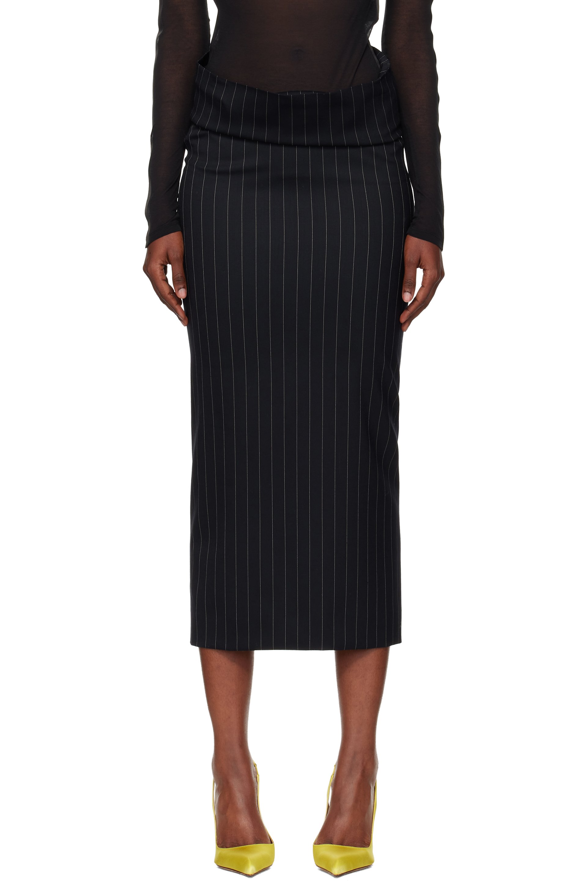 Mugler - Jupe tube midi bleu marine en barathéa extensible à rayures fines
