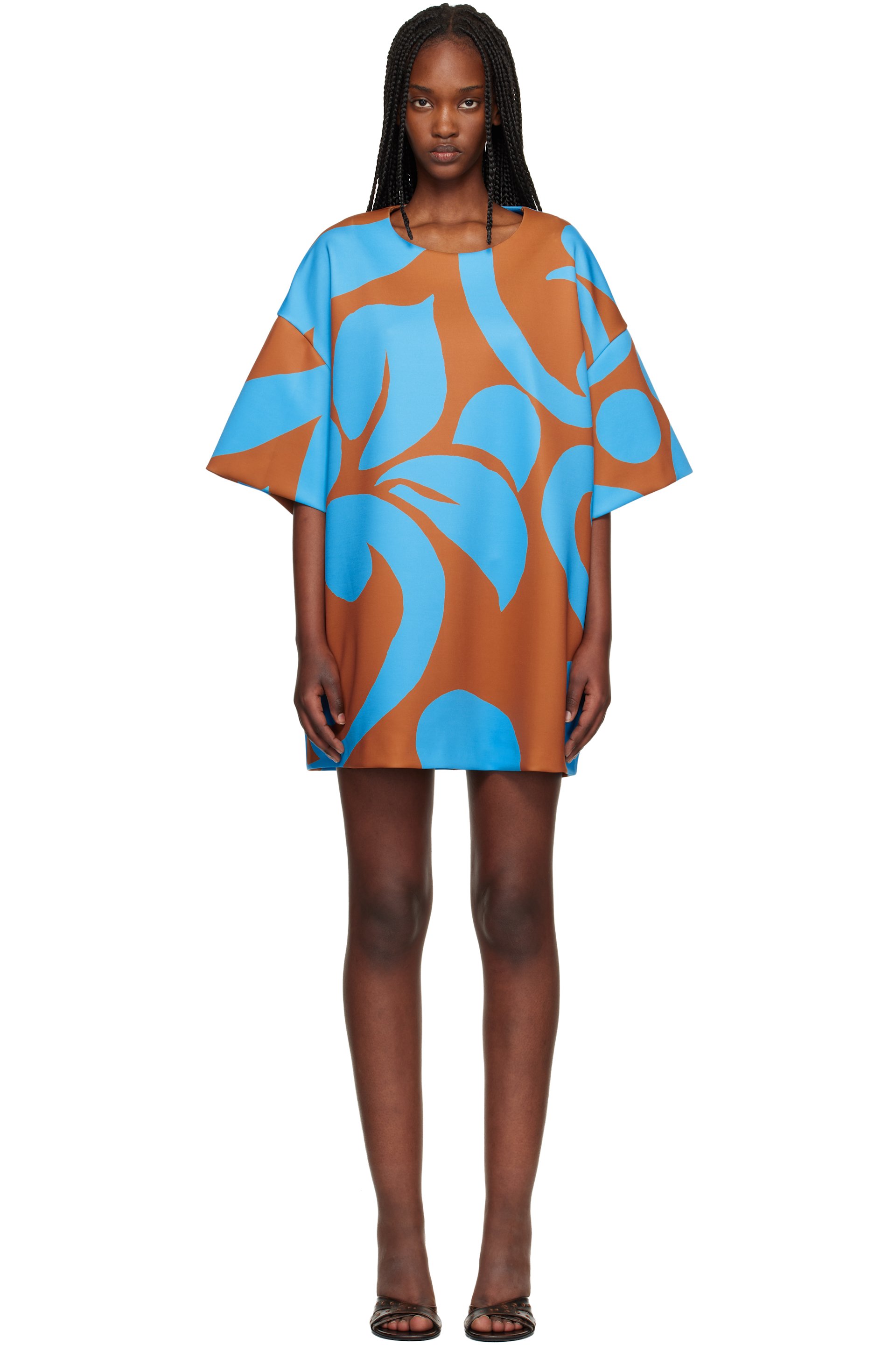 Dries Van Noten: Blue & Tan Oversized Minidress | SSENSE